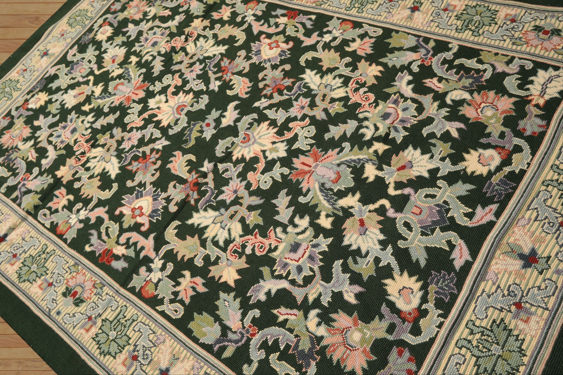 6x9 Green, Ivory, Blush Color Hand Woven Portugese Needlepoint Wool Transitional Oriental Rug
