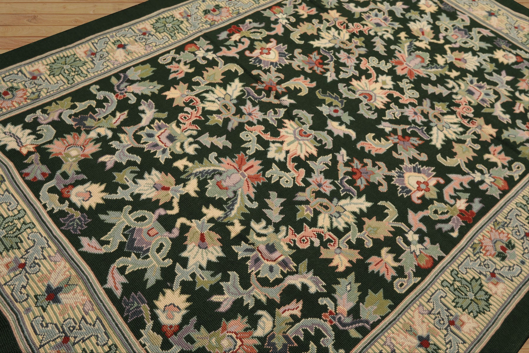 6x9 Green, Ivory, Blush Color Hand Woven Portugese Needlepoint Wool Transitional Oriental Rug