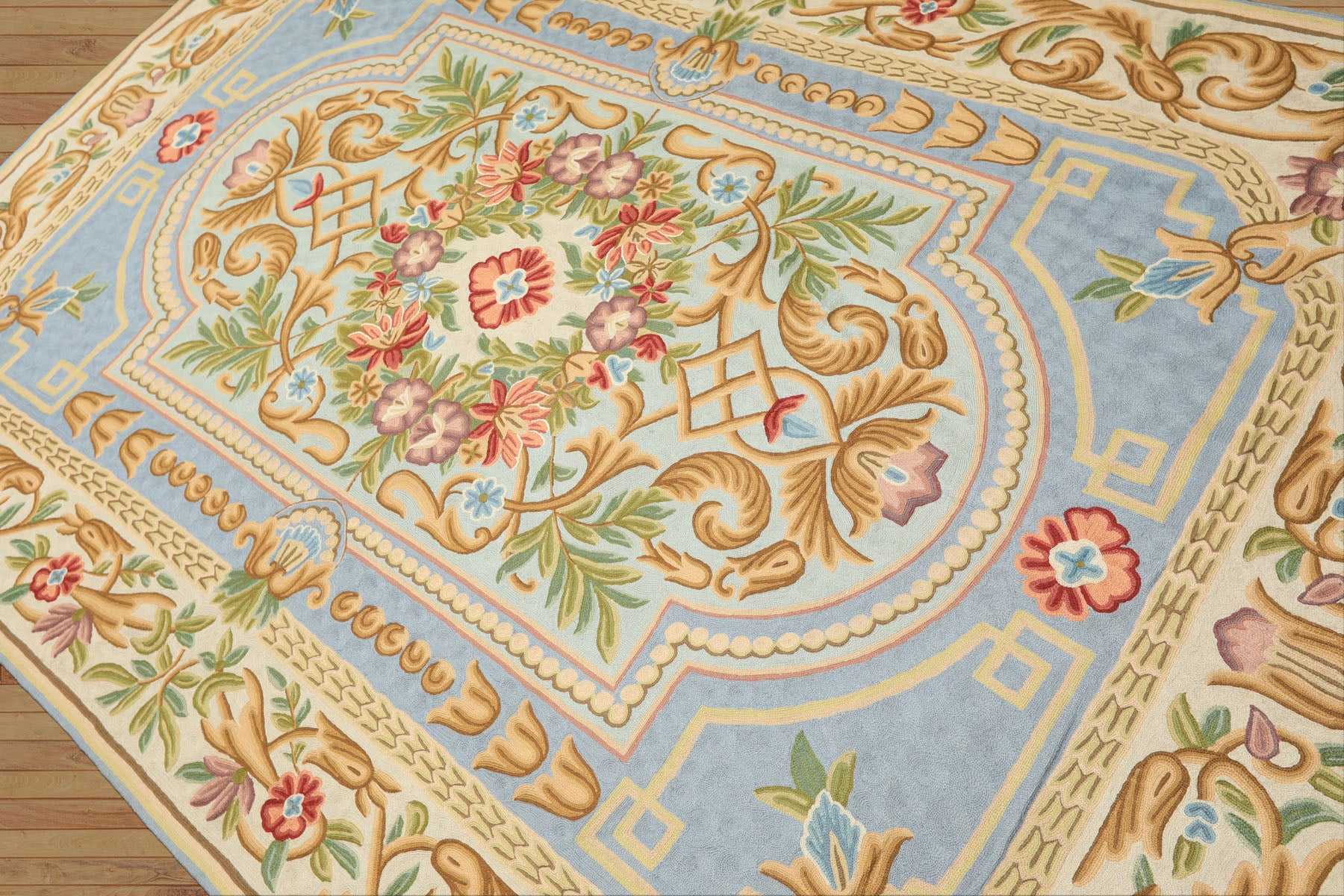 6x9 Aqua, Blue, Ivory Color Hand Woven Chainstitch Wool Traditional Oriental Rug