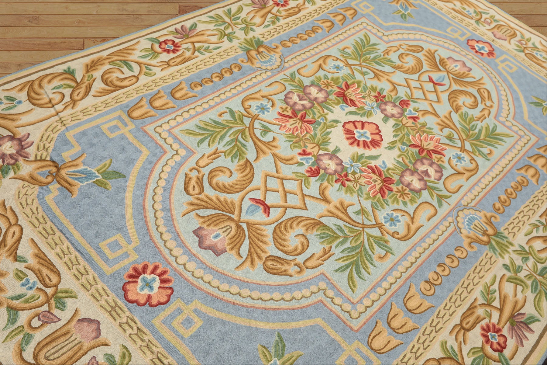 6x9 Aqua, Blue, Ivory Color Hand Woven Chainstitch Wool Traditional Oriental Rug