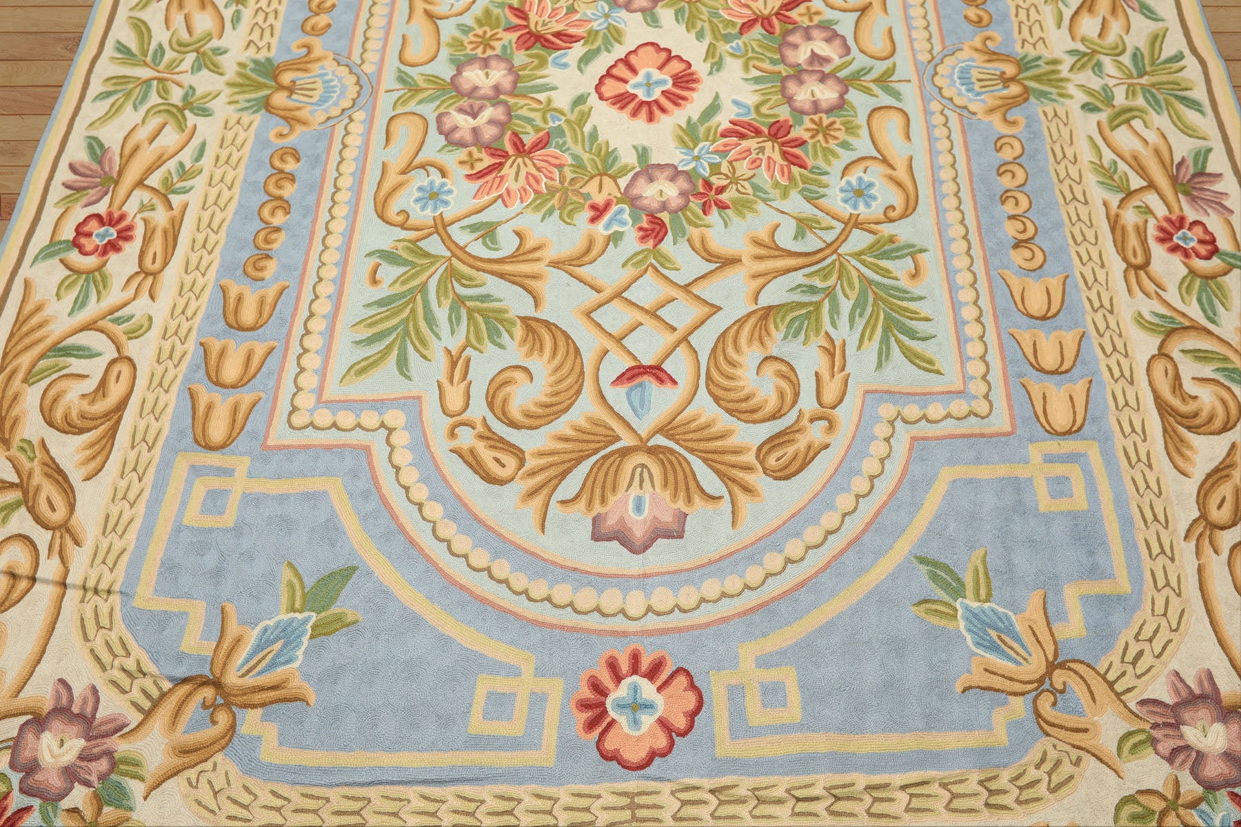 6x9 Aqua, Blue, Ivory Color Hand Woven Chainstitch Wool Traditional Oriental Rug