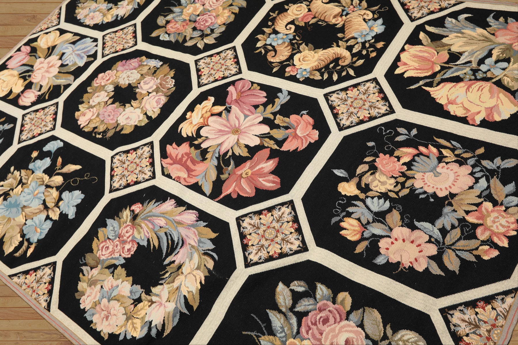 6x9 Black, Ivory, Rose Color Hand Woven French Aubusson Needlepoint Wool Traditional Oriental Rug