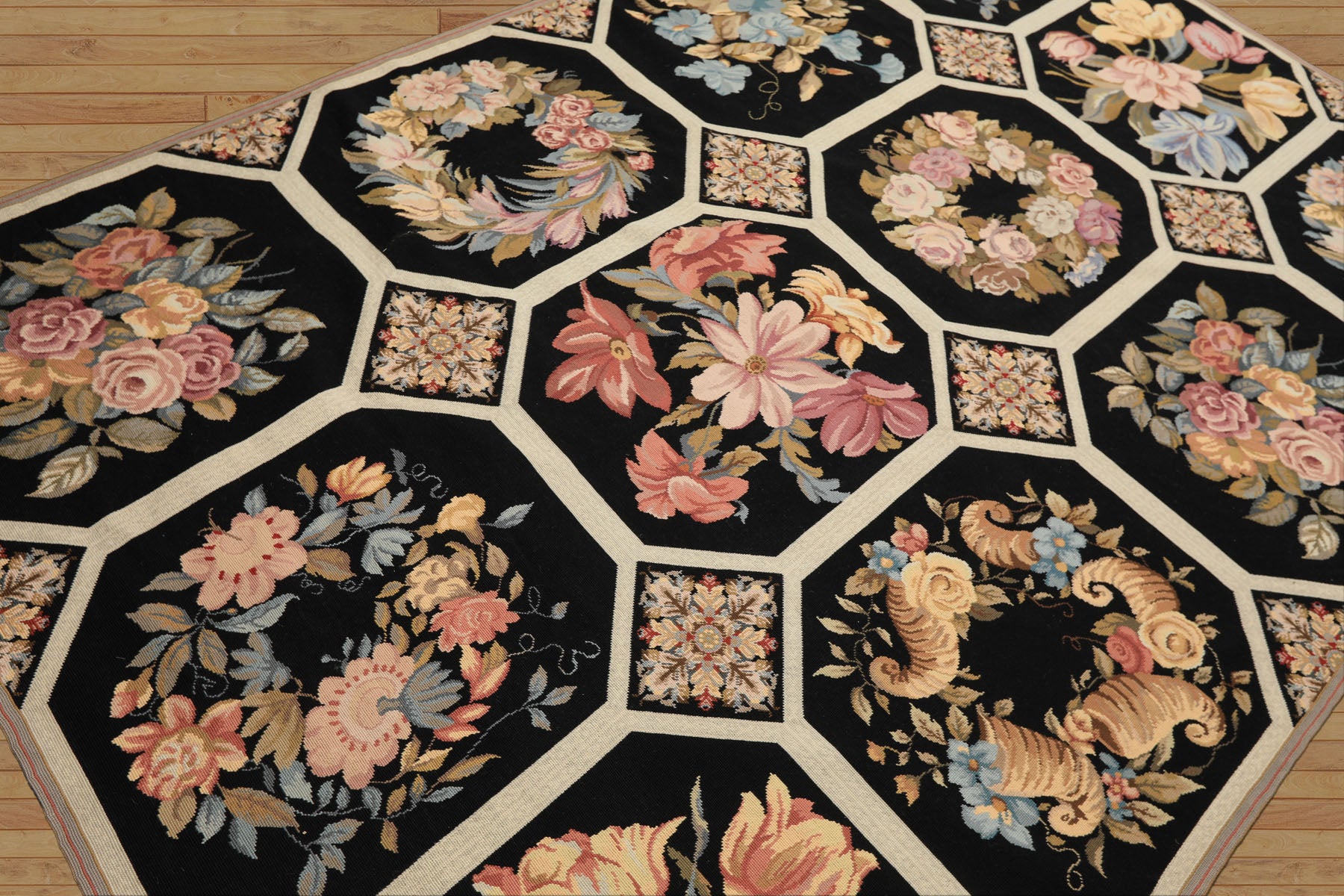 6x9 Black, Ivory, Rose Color Hand Woven French Aubusson Needlepoint Wool Traditional Oriental Rug