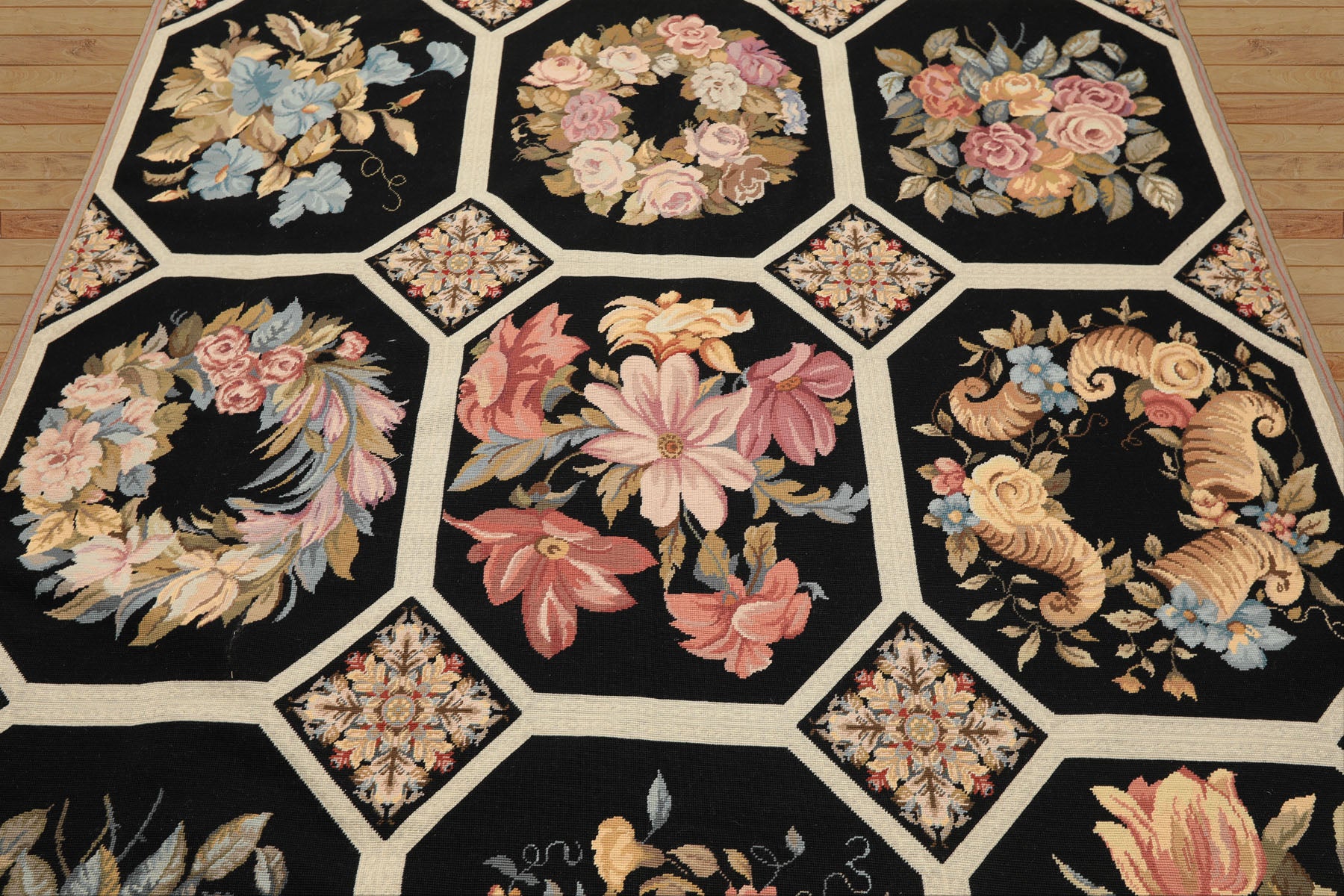 6x9 Black, Ivory, Rose Color Hand Woven French Aubusson Needlepoint Wool Traditional Oriental Rug
