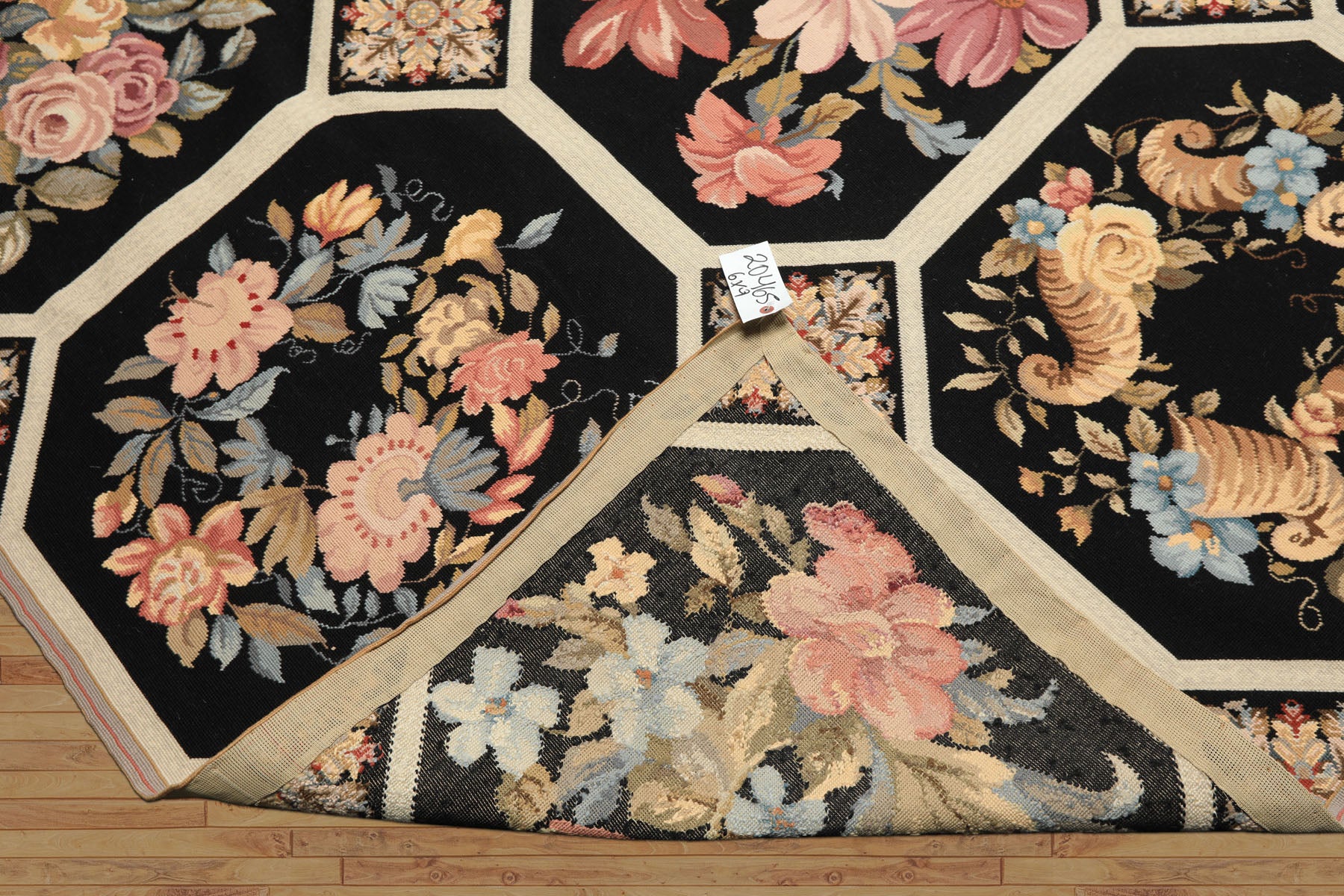 6x9 Black, Ivory, Rose Color Hand Woven French Aubusson Needlepoint Wool Traditional Oriental Rug