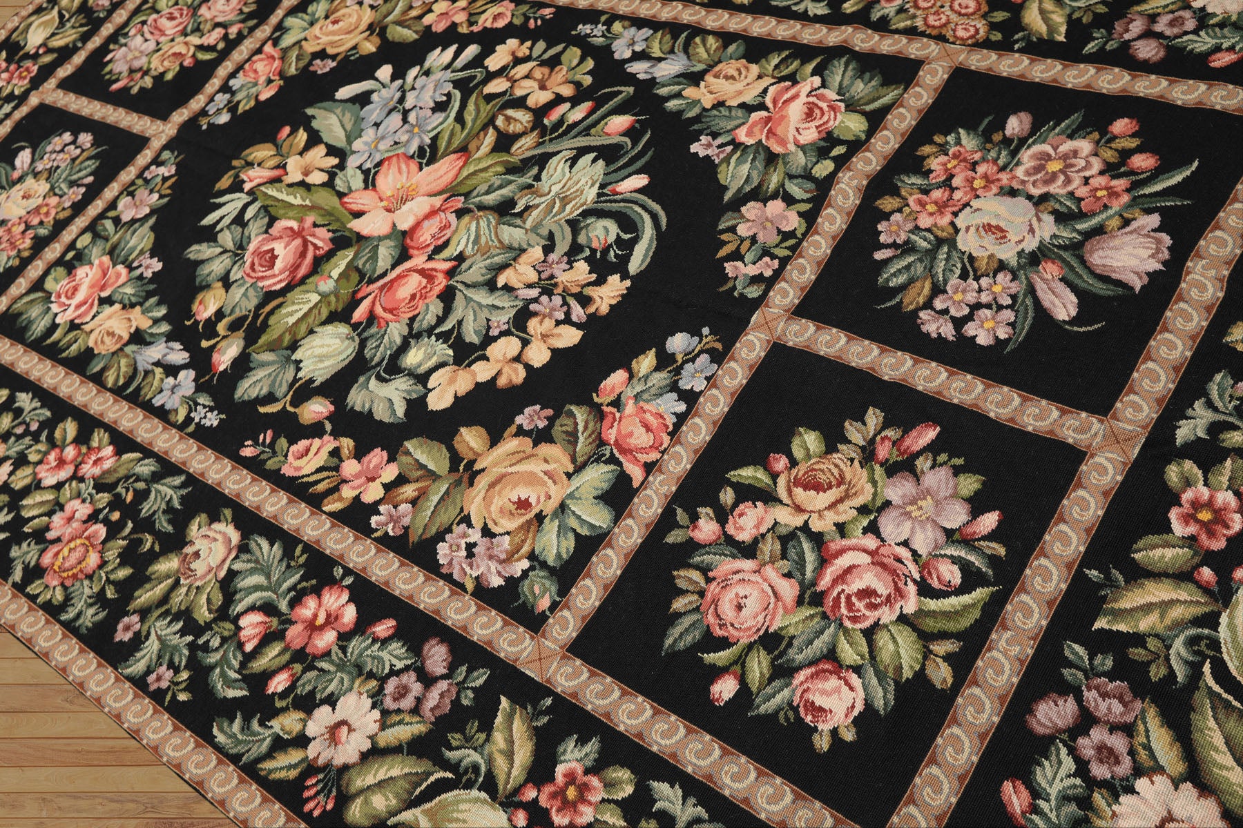 Runner Black, Tan, Green Color Hand Woven French Aubusson Needlepoint Wool Traditional Oriental Rug