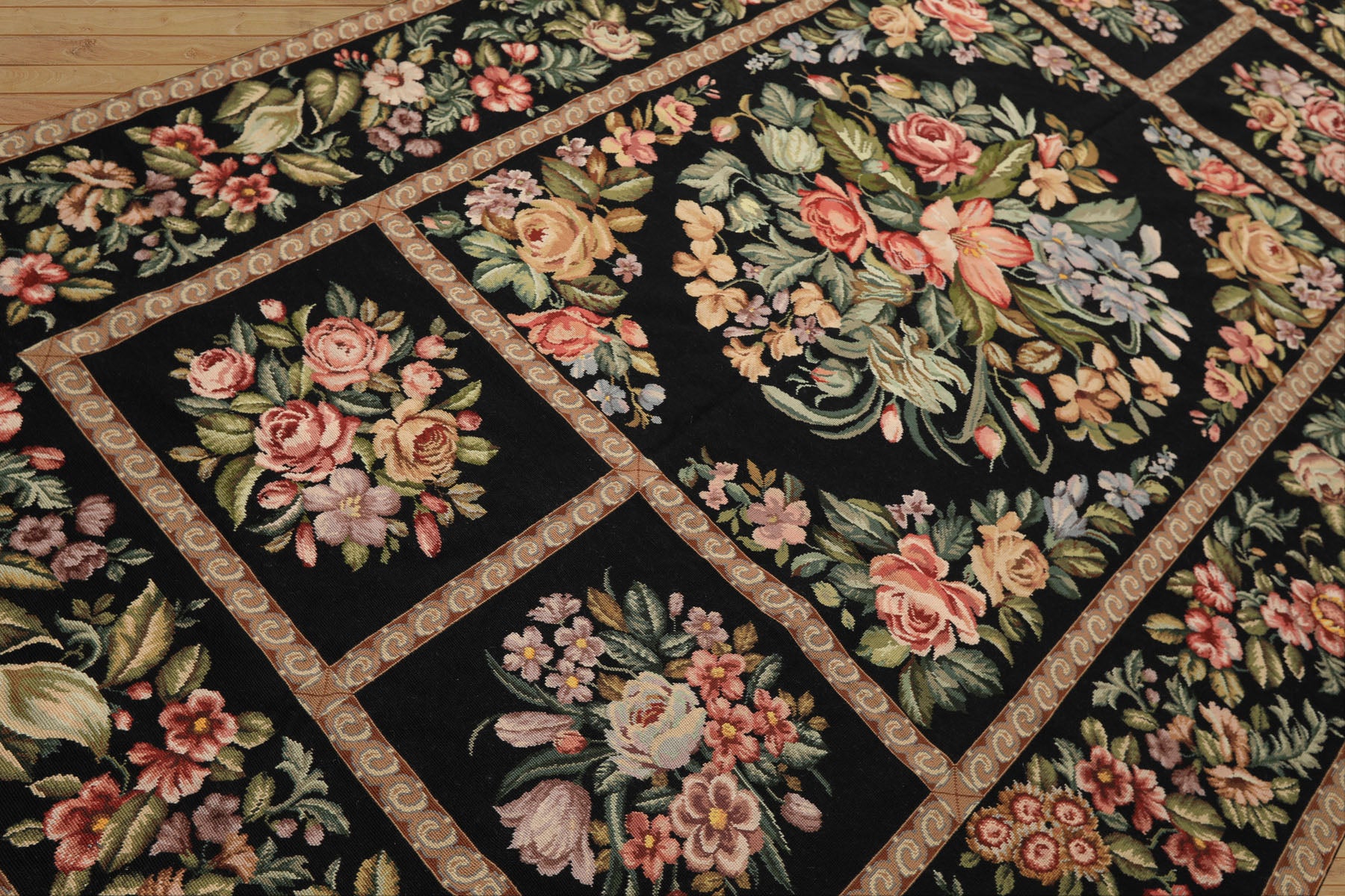 Runner Black, Tan, Green Color Hand Woven French Aubusson Needlepoint Wool Traditional Oriental Rug