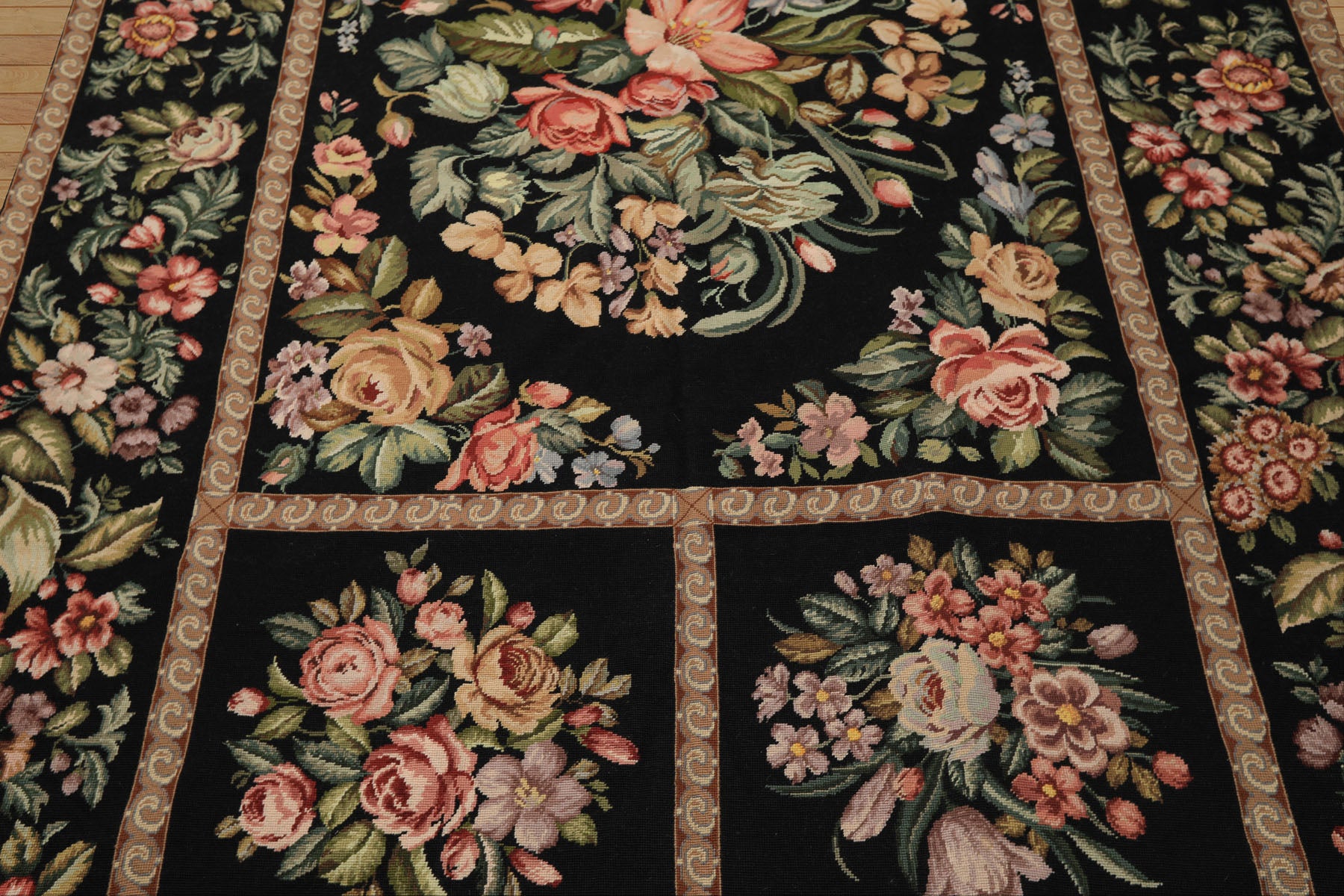 Runner Black, Tan, Green Color Hand Woven French Aubusson Needlepoint Wool Traditional Oriental Rug