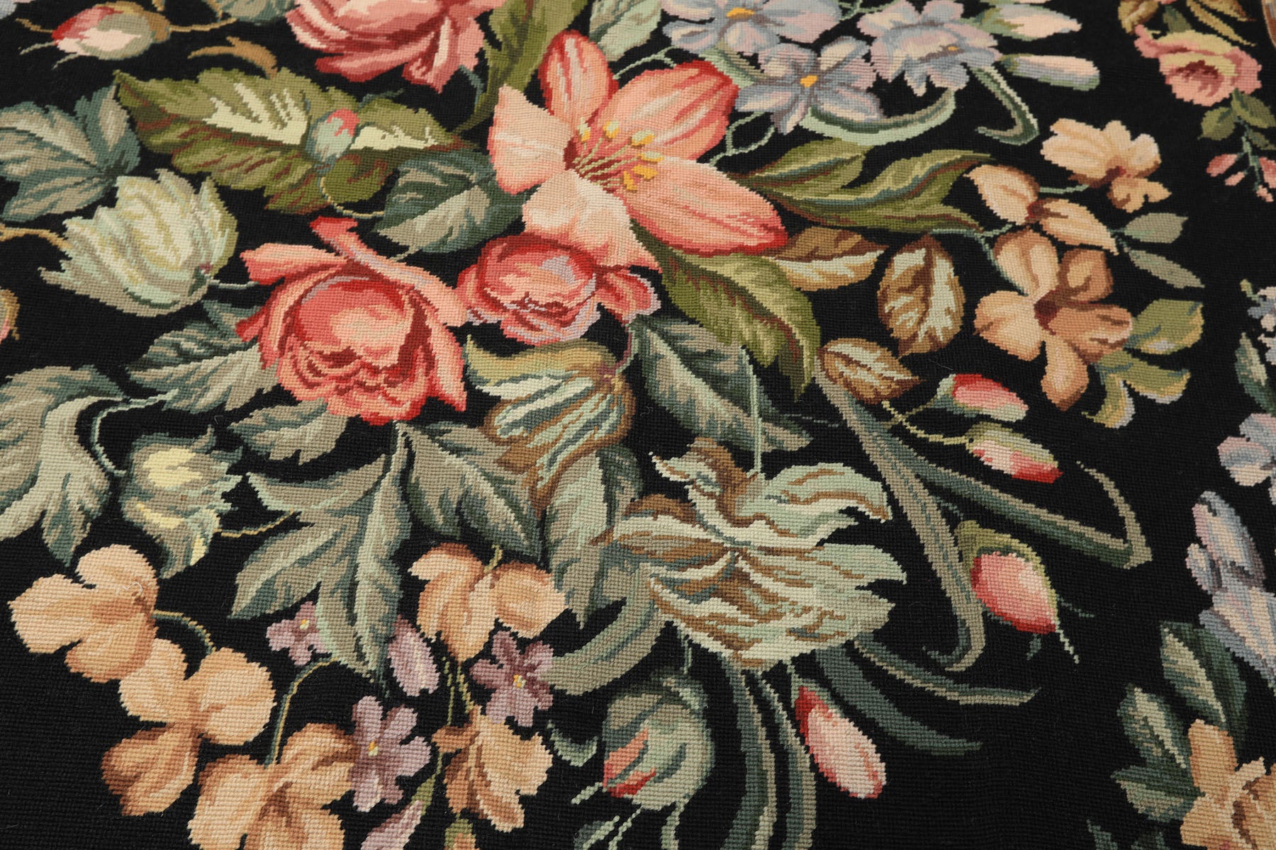 Runner Black, Tan, Green Color Hand Woven French Aubusson Needlepoint Wool Traditional Oriental Rug