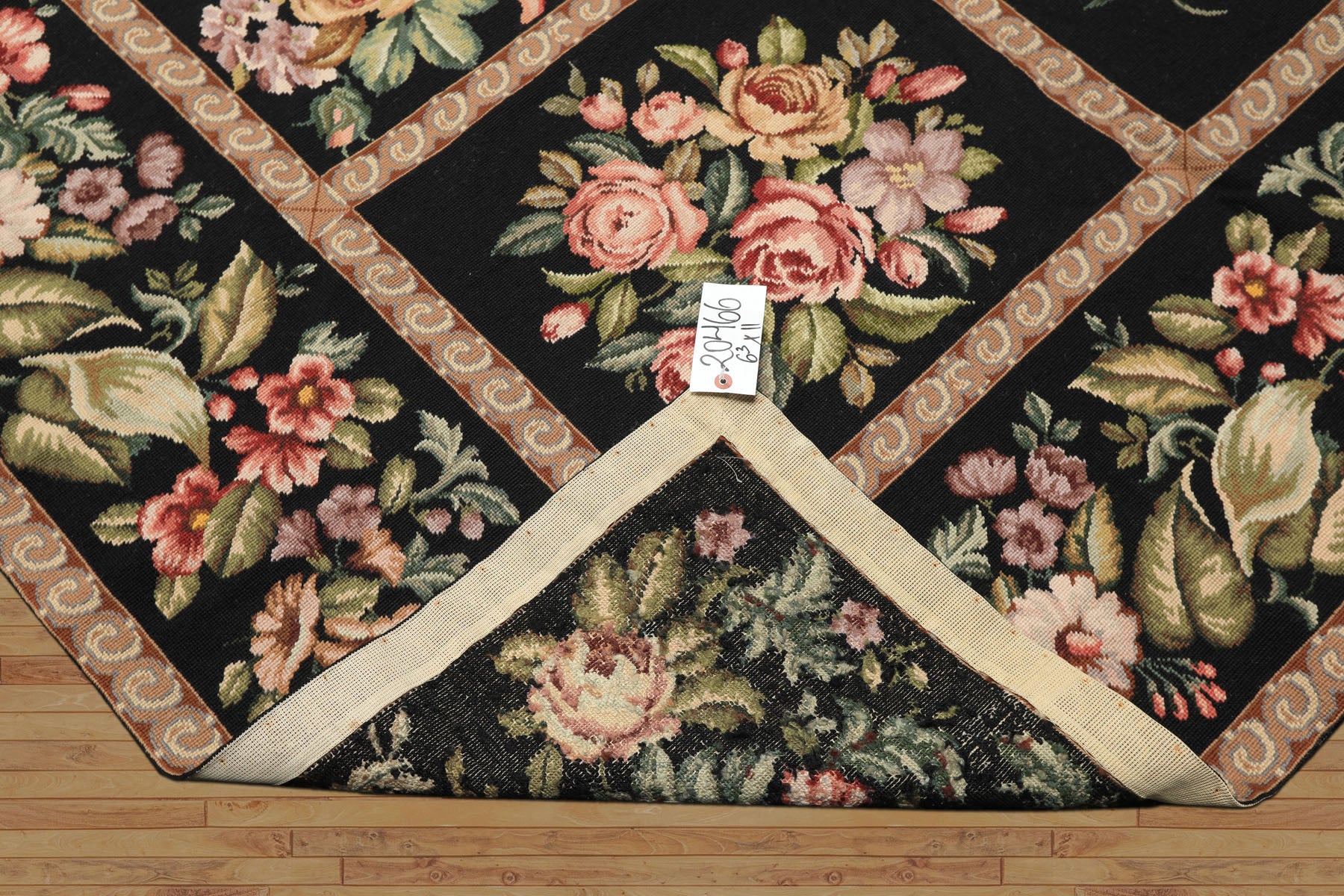 Runner Black, Tan, Green Color Hand Woven French Aubusson Needlepoint Wool Traditional Oriental Rug