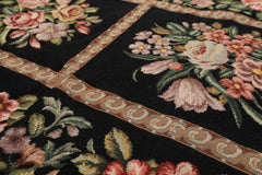 Runner Black, Tan, Green Color Hand Woven French Aubusson Needlepoint Wool Traditional Oriental Rug