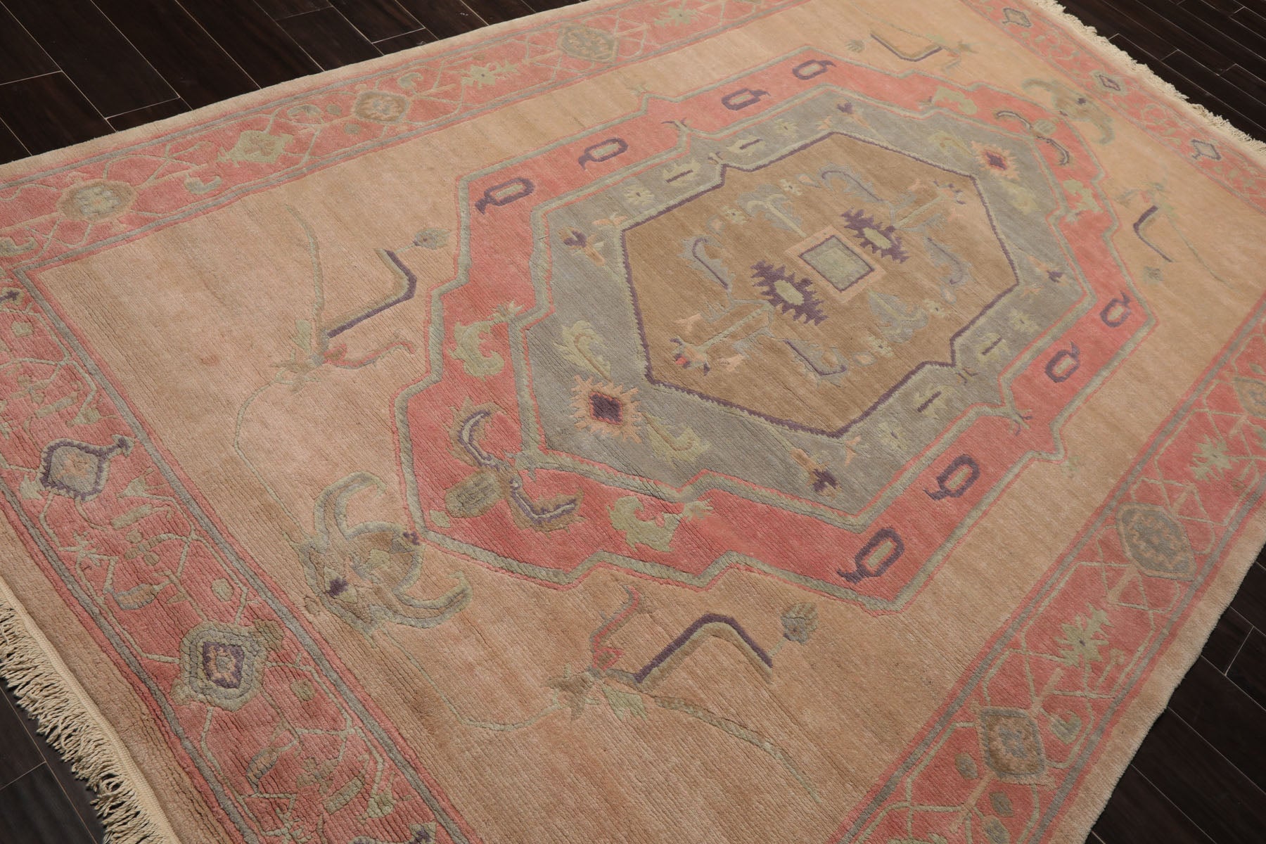 6x10 Faded Peach, Blush, Aqua Color Hand Knotted Tibetan Wool Traditional Oriental Rug