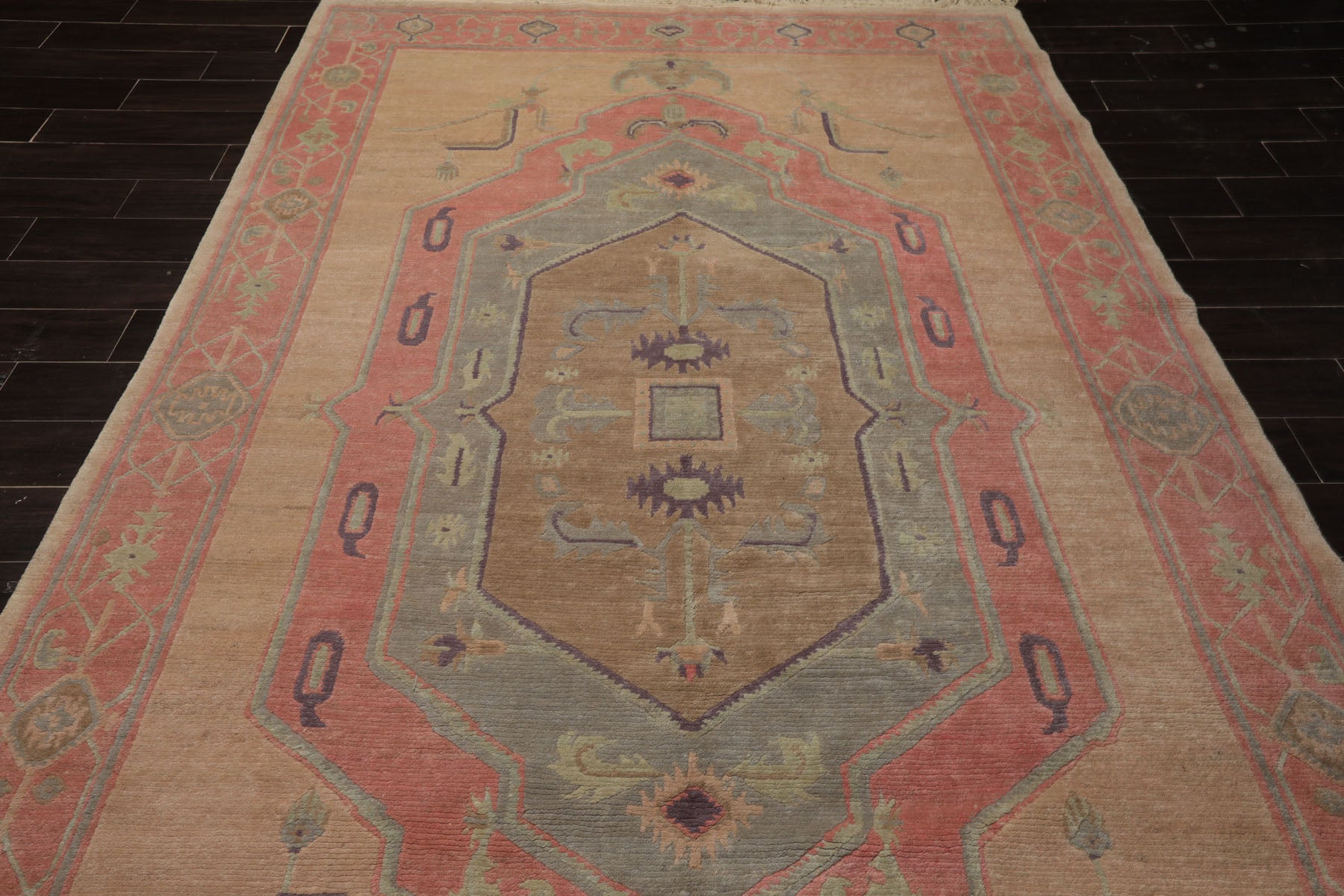 6x10 Faded Peach, Blush, Aqua Color Hand Knotted Tibetan Wool Traditional Oriental Rug