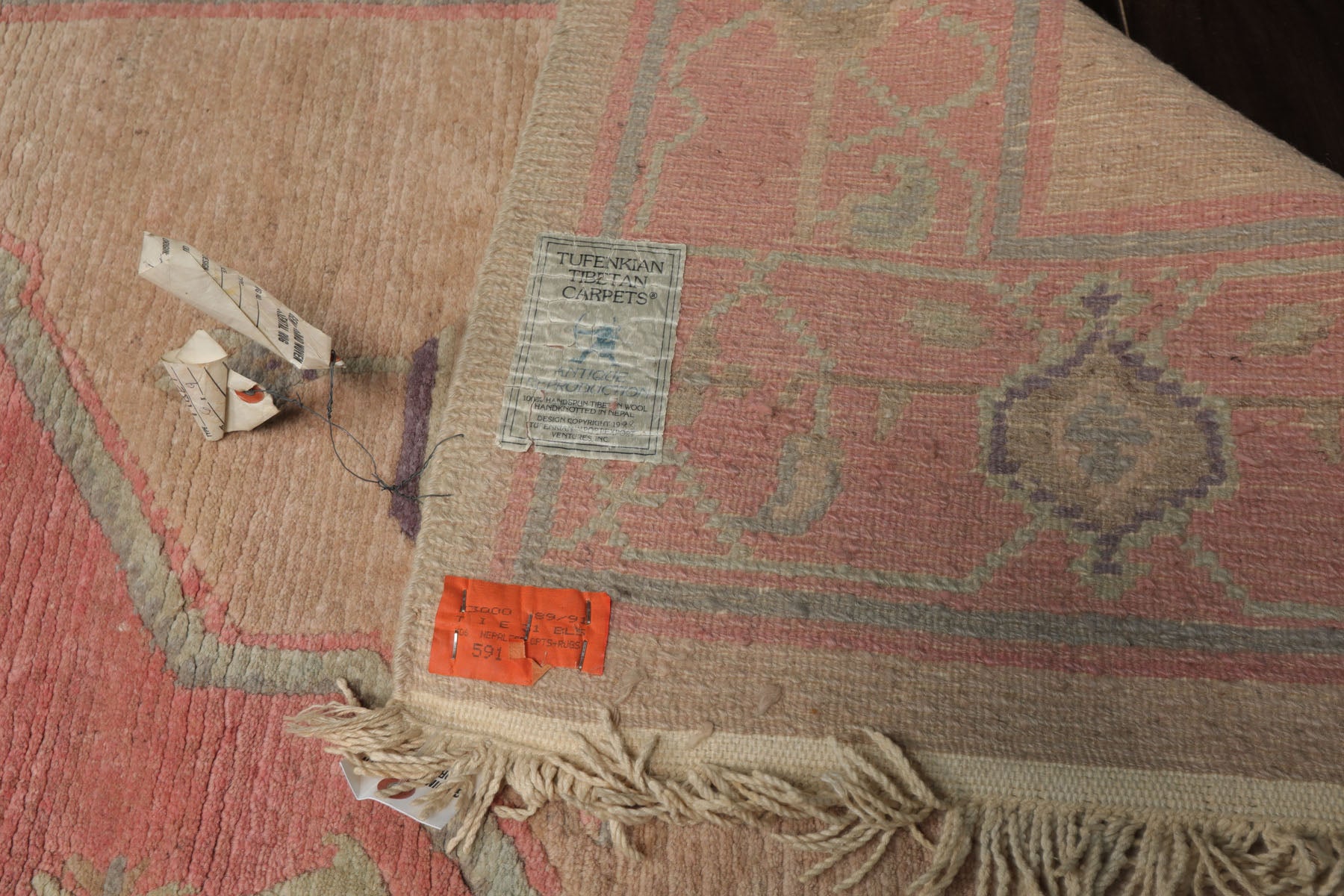 6x10 Faded Peach, Blush, Aqua Color Hand Knotted Tibetan Wool Traditional Oriental Rug