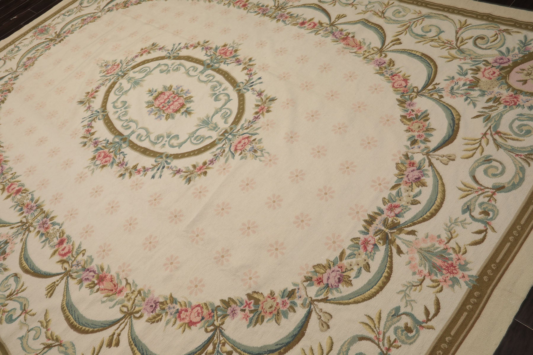 8x11 Ivory, Green, Aqua Color Hand Woven Aubusson Needlepoint Wool Traditional Oriental Rug