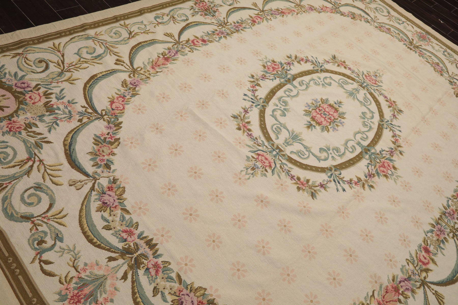8x11 Ivory, Green, Aqua Color Hand Woven Aubusson Needlepoint Wool Traditional Oriental Rug