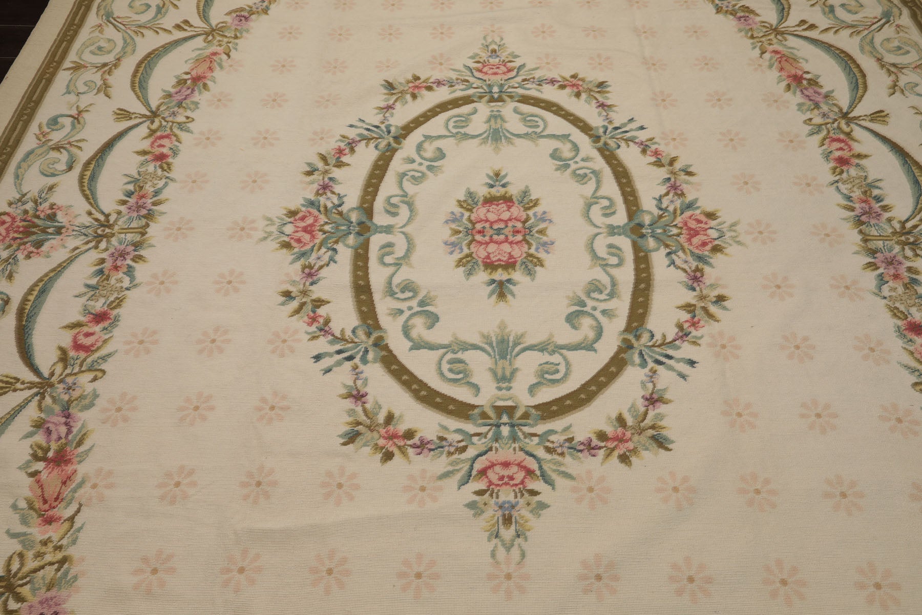 8x11 Ivory, Green, Aqua Color Hand Woven Aubusson Needlepoint Wool Traditional Oriental Rug