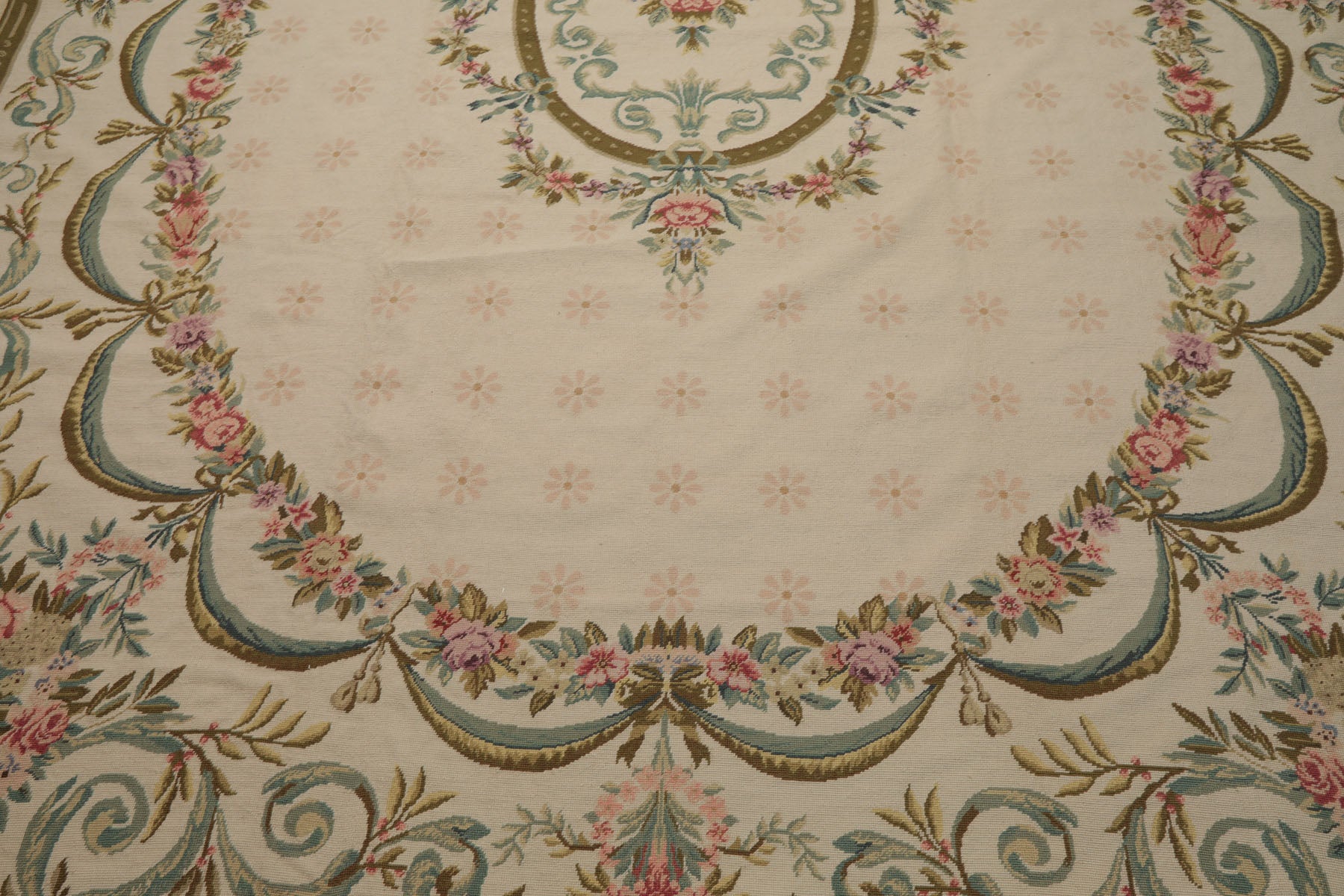 8x11 Ivory, Green, Aqua Color Hand Woven Aubusson Needlepoint Wool Traditional Oriental Rug