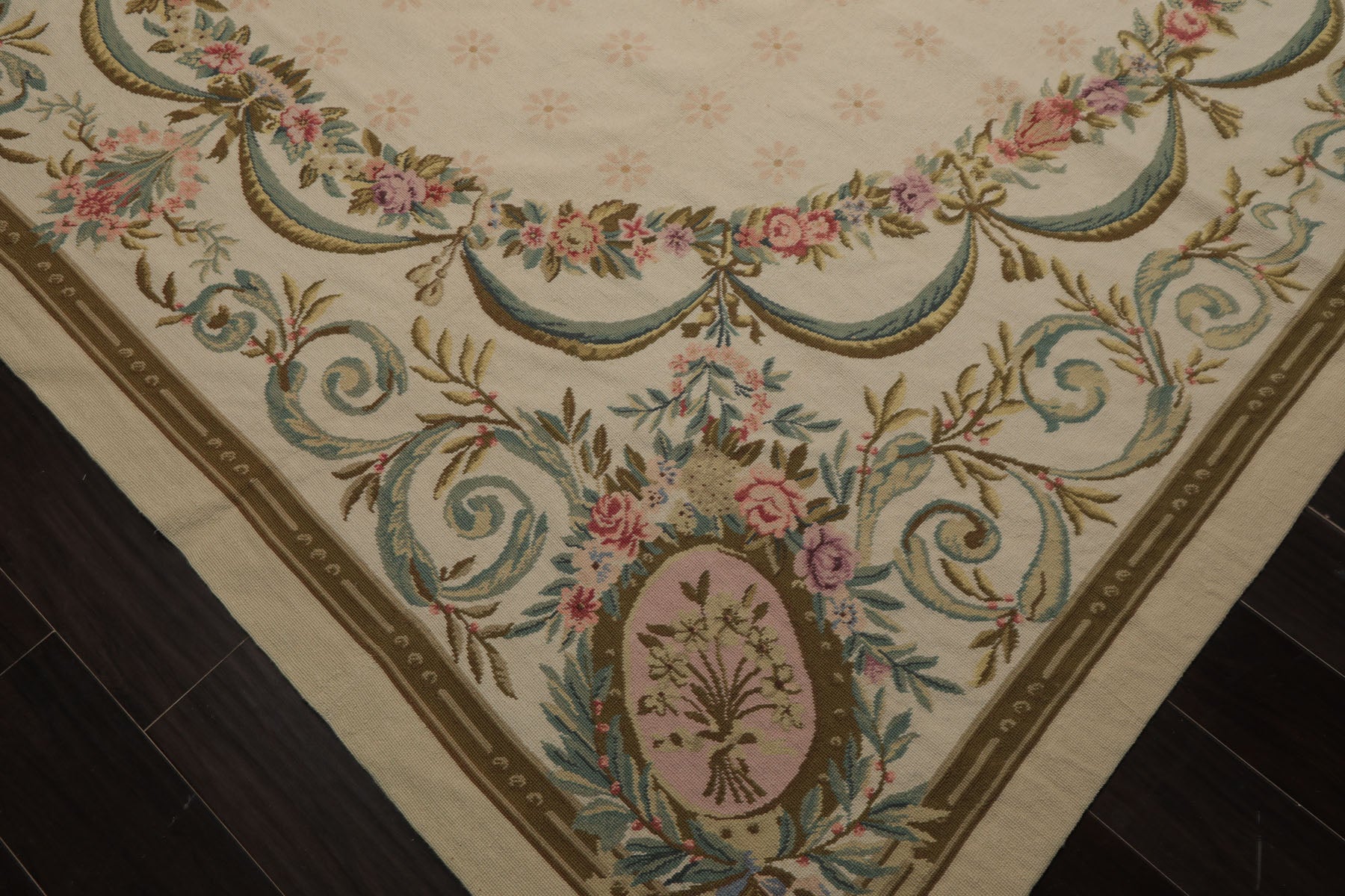 8x11 Ivory, Green, Aqua Color Hand Woven Aubusson Needlepoint Wool Traditional Oriental Rug