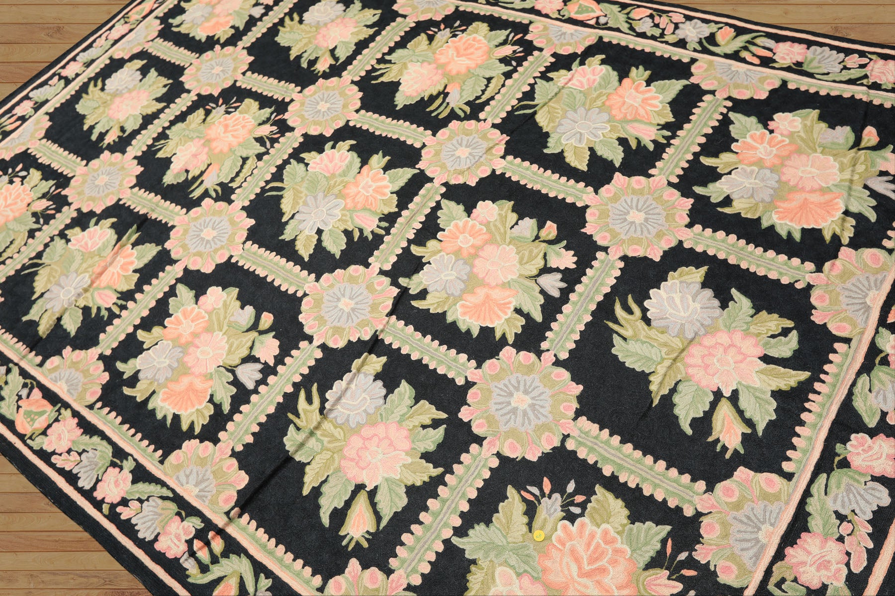 6x9 Charcoal, Green, Rose Color Hand Woven Chainstitch Wool Traditional Oriental Rug