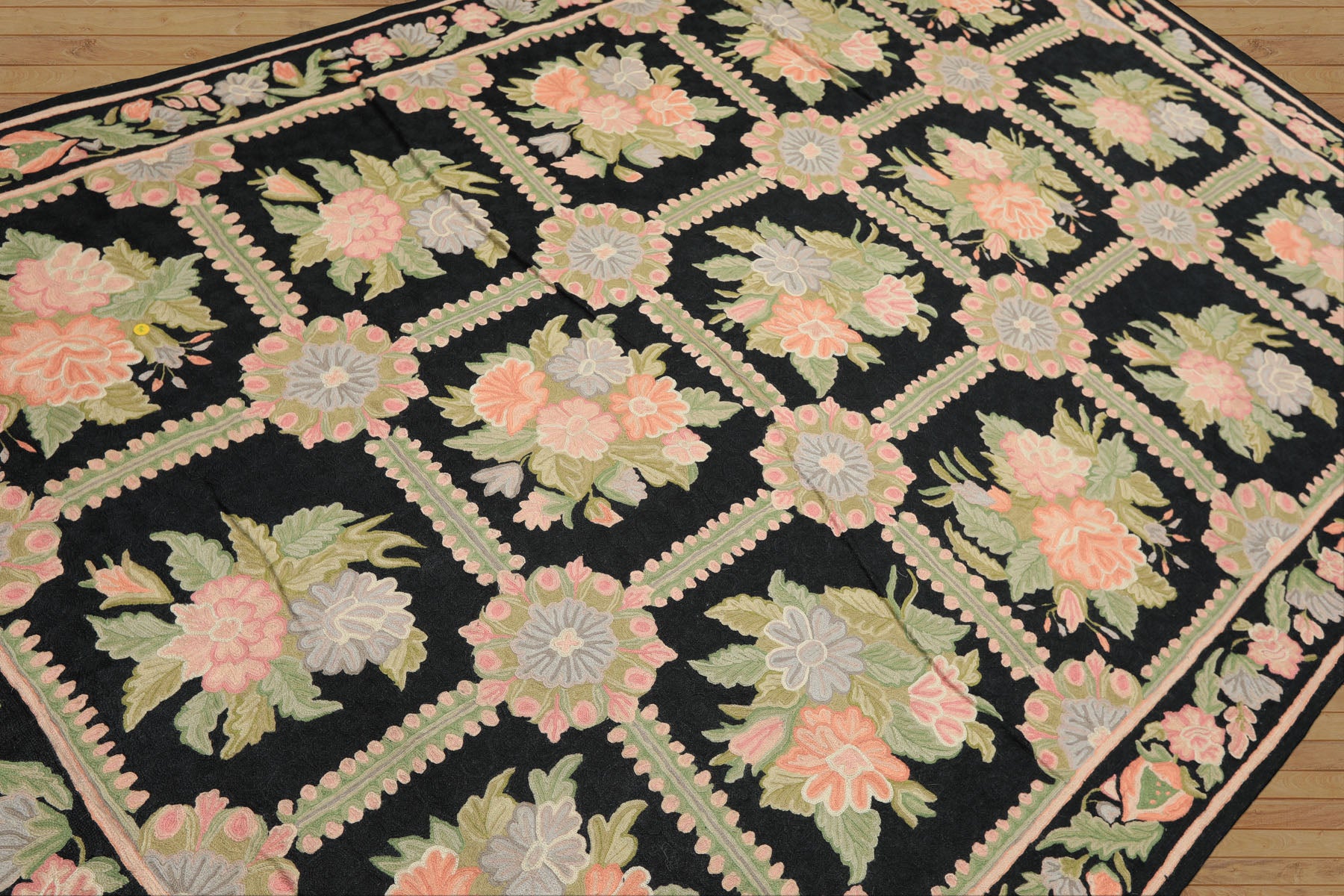 6x9 Charcoal, Green, Rose Color Hand Woven Chainstitch Wool Traditional Oriental Rug