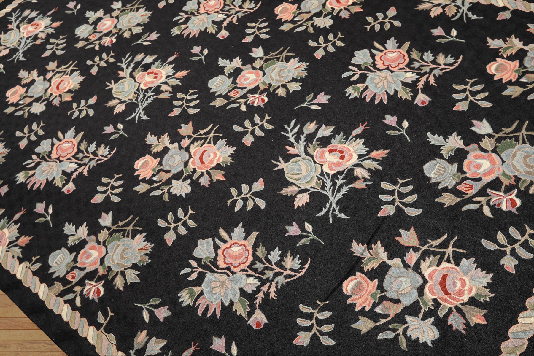 6x9 Charcoal, Rose, Green Color Hand Woven Chainstitch Wool Traditional Oriental Rug