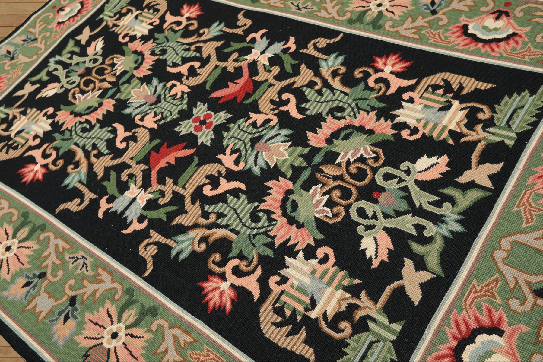 6x9 Black, Mint, Blush Color Hand Woven Portugese Needlepoint Wool Traditional Oriental Rug