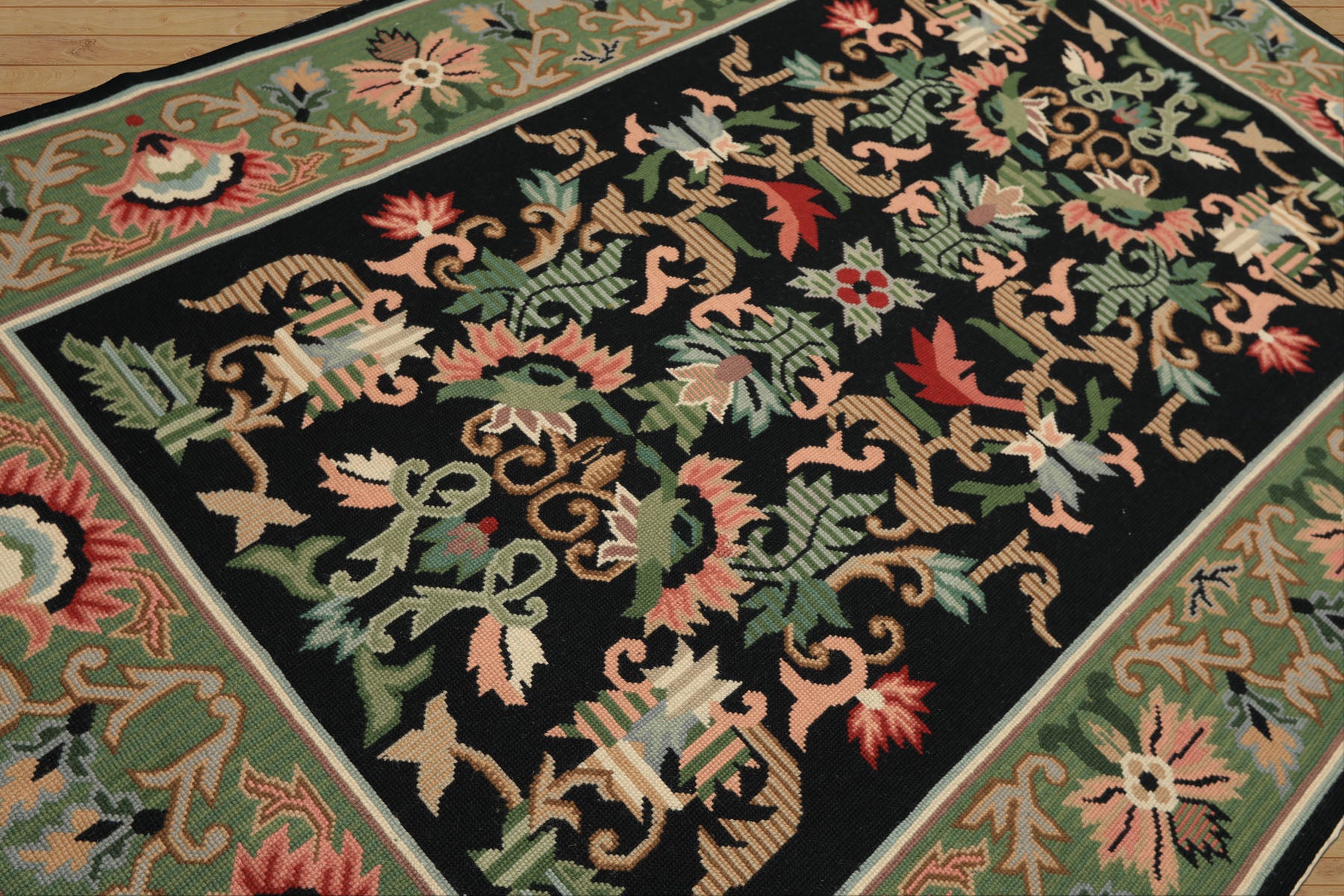 6x9 Black, Mint, Blush Color Hand Woven Portugese Needlepoint Wool Traditional Oriental Rug