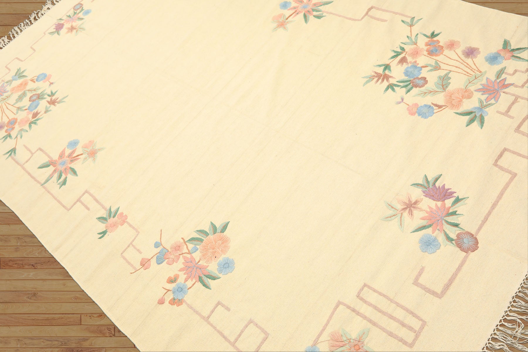 6x9 Ivory, Pink, Blue Color Hand Woven Kilim Wool Transitional Oriental Rug