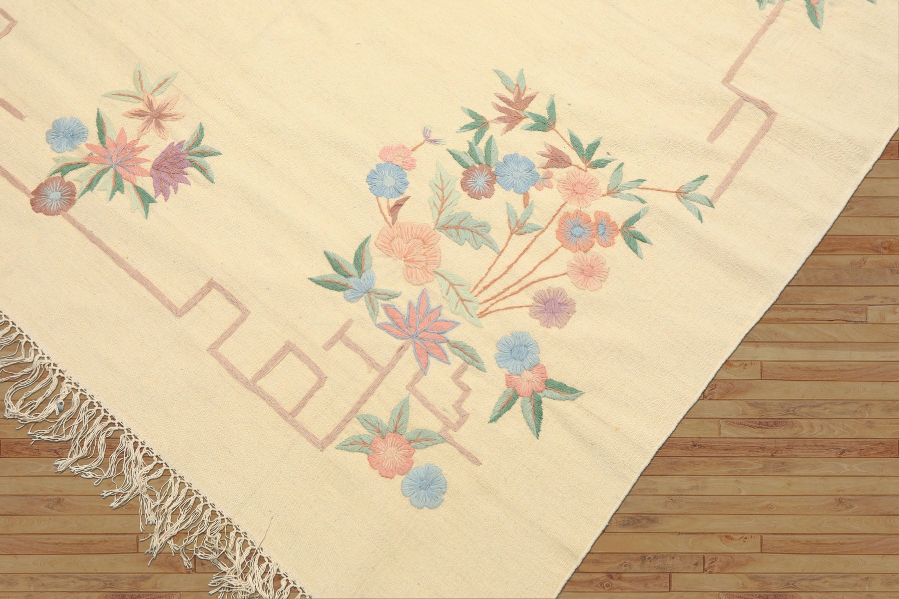 6x9 Ivory, Pink, Blue Color Hand Woven Kilim Wool Transitional Oriental Rug