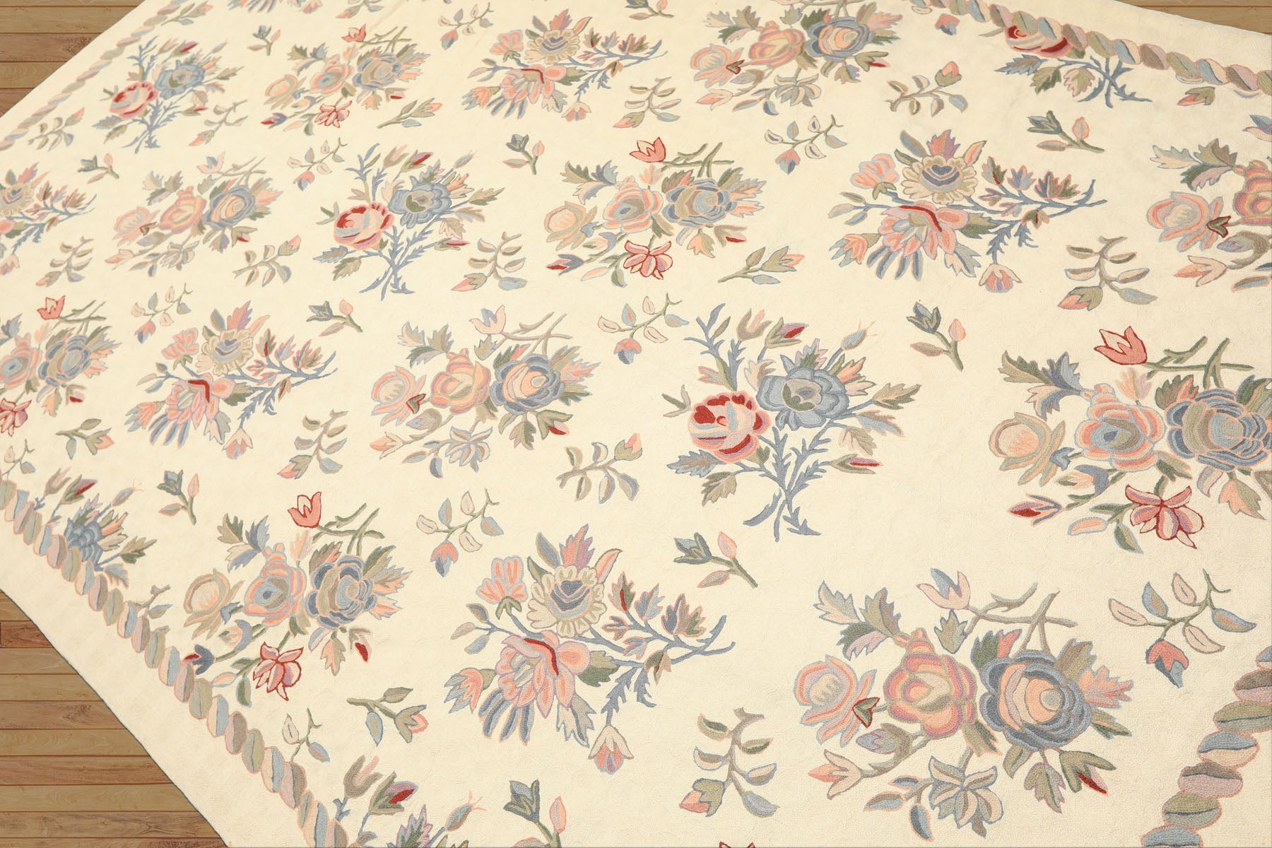 6x9 Ivory, Rose, Blue Color Hand Woven Chainstitch Wool Traditional Oriental Rug