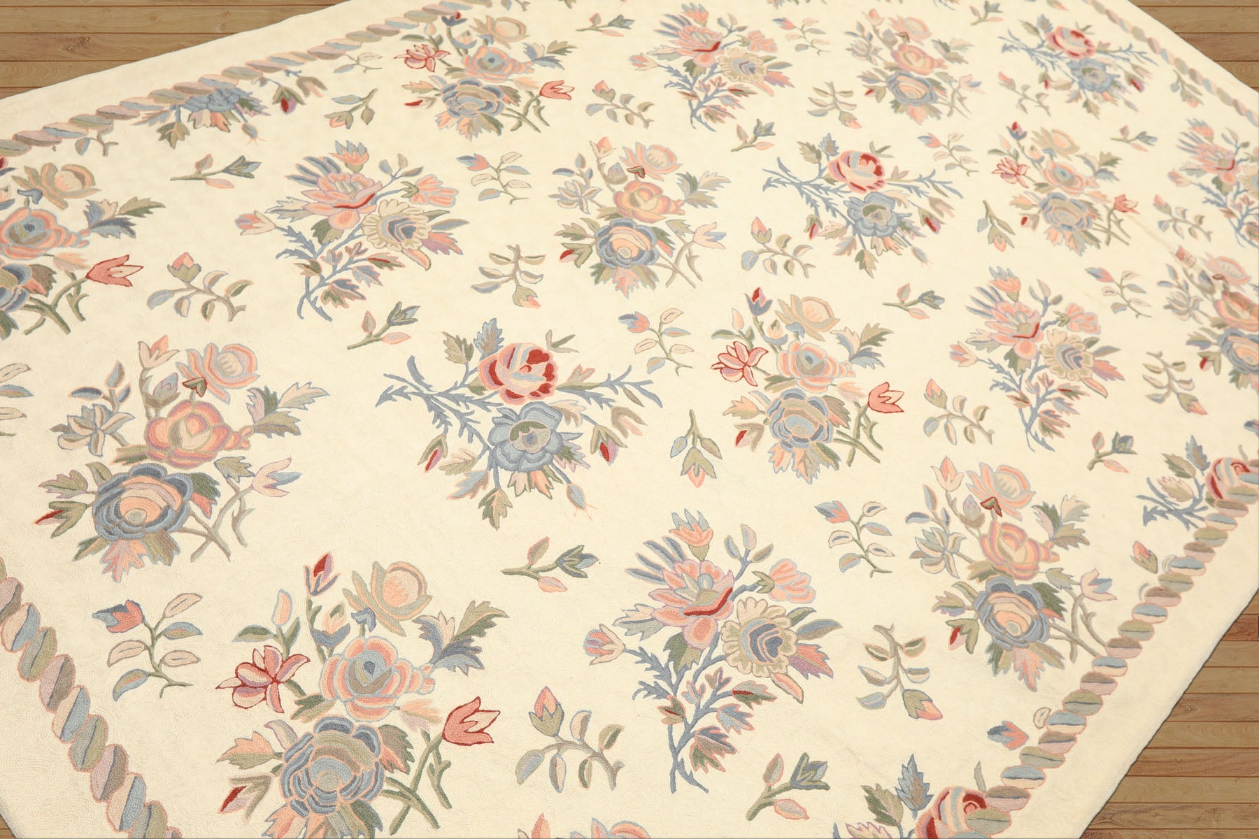 6x9 Ivory, Rose, Blue Color Hand Woven Chainstitch Wool Traditional Oriental Rug