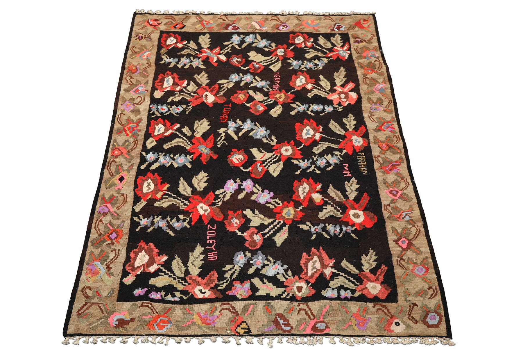 6x9 Charcoal, Chocolate, Sage Color Hand Woven Anatolian Kilim Wool Traditional Oriental Rug