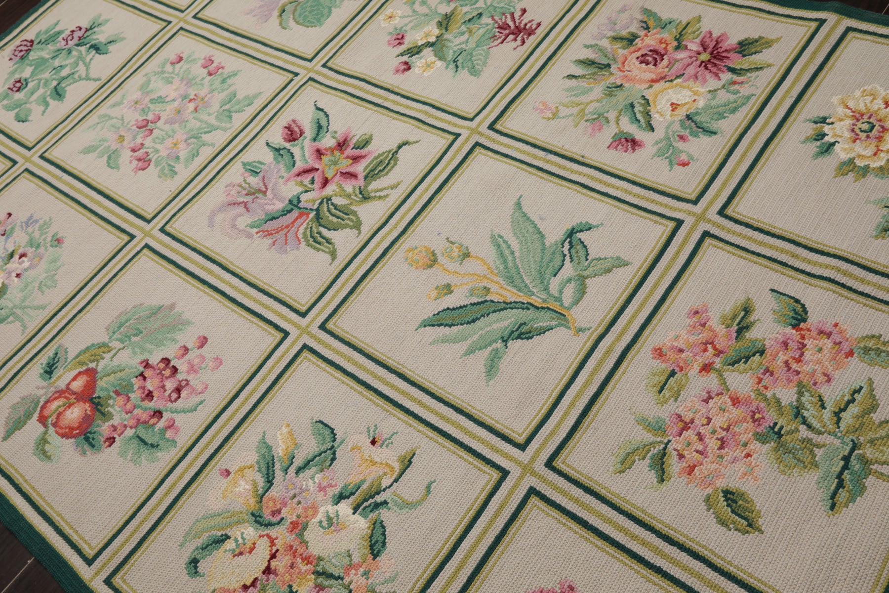 6x9 Ivory, Green, Aqua Color Hand Woven Portugese Needlepoint Wool Traditional Oriental Rug