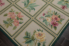 6x9 Ivory, Green, Aqua Color Hand Woven Portugese Needlepoint Wool Traditional Oriental Rug