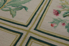 6x9 Ivory, Green, Aqua Color Hand Woven Portugese Needlepoint Wool Traditional Oriental Rug