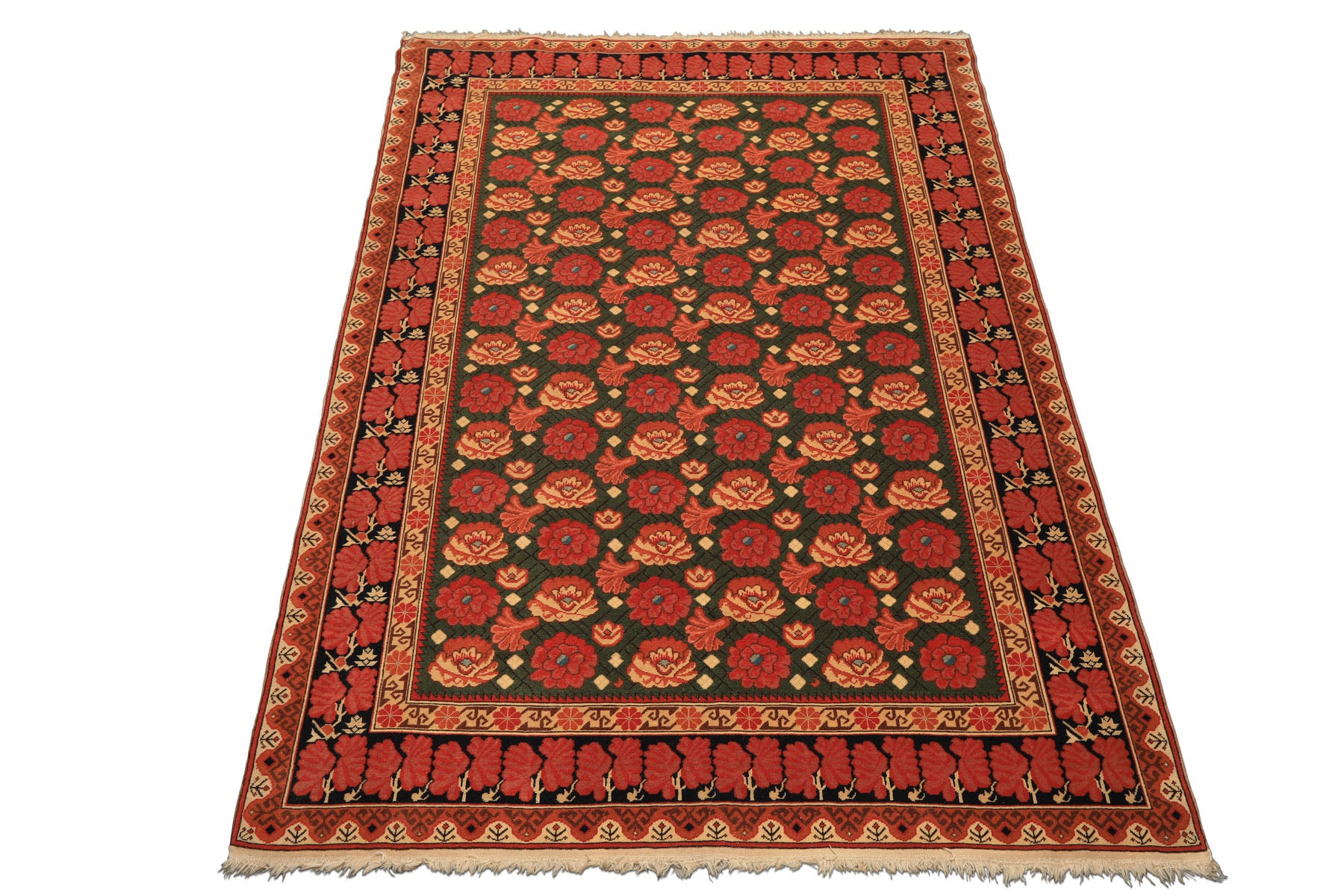 6x9 Green, Rose, Charcoal Color Hand Knotted  Wool Traditional Oriental Rug