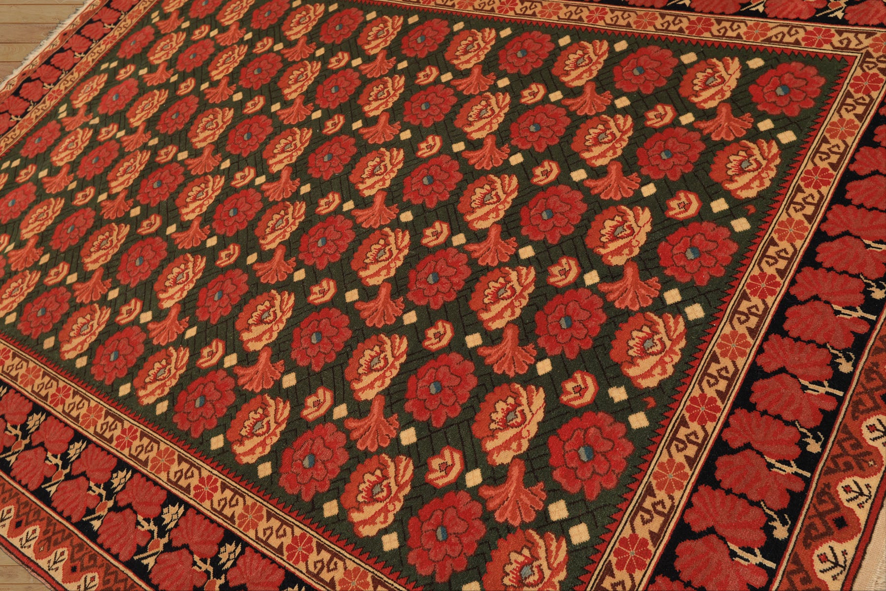 6x9 Green, Rose, Charcoal Color Hand Knotted  Wool Traditional Oriental Rug