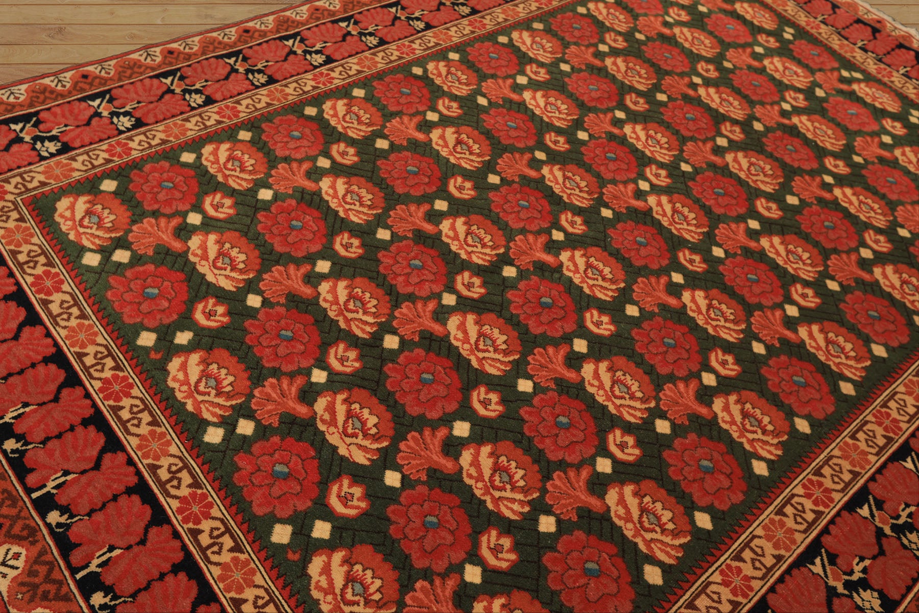 6x9 Green, Rose, Charcoal Color Hand Knotted  Wool Traditional Oriental Rug