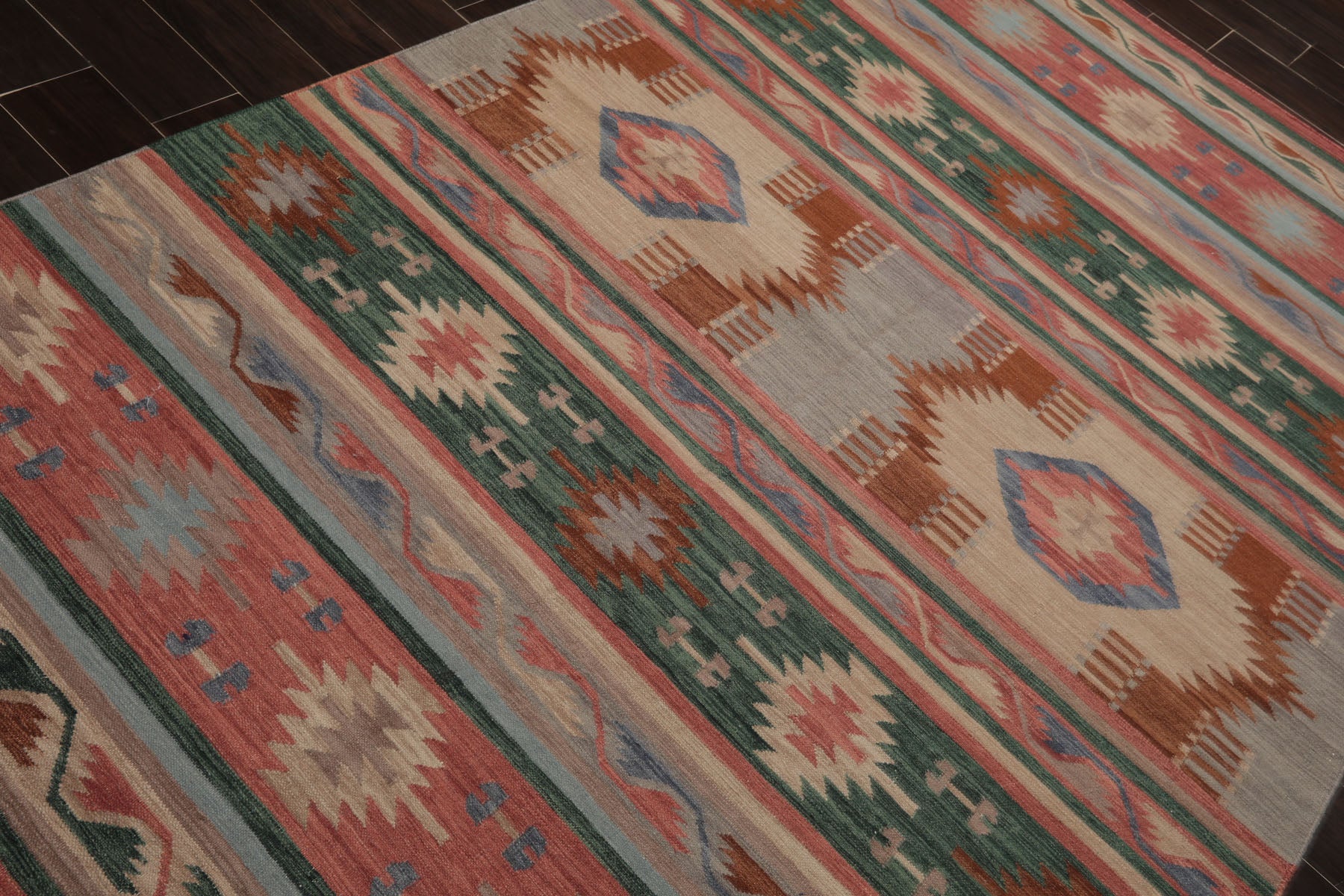 6x9 Rose, Green, Blue Color Hand Woven Kilim Wool Tribal Oriental Rug