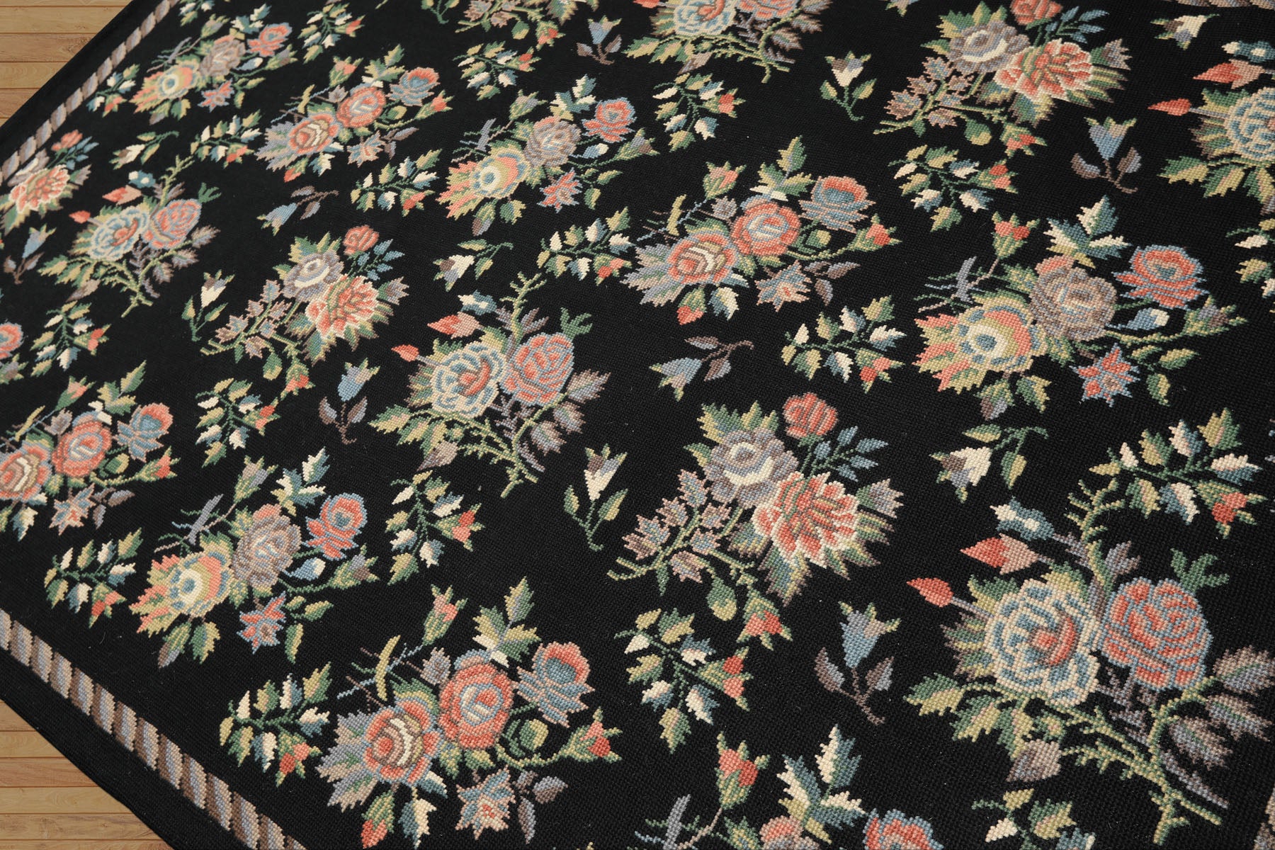 6x9 Charcoal, Mint, Rose Color Hand Woven Portugese Needlepoint Wool Traditional Oriental Rug