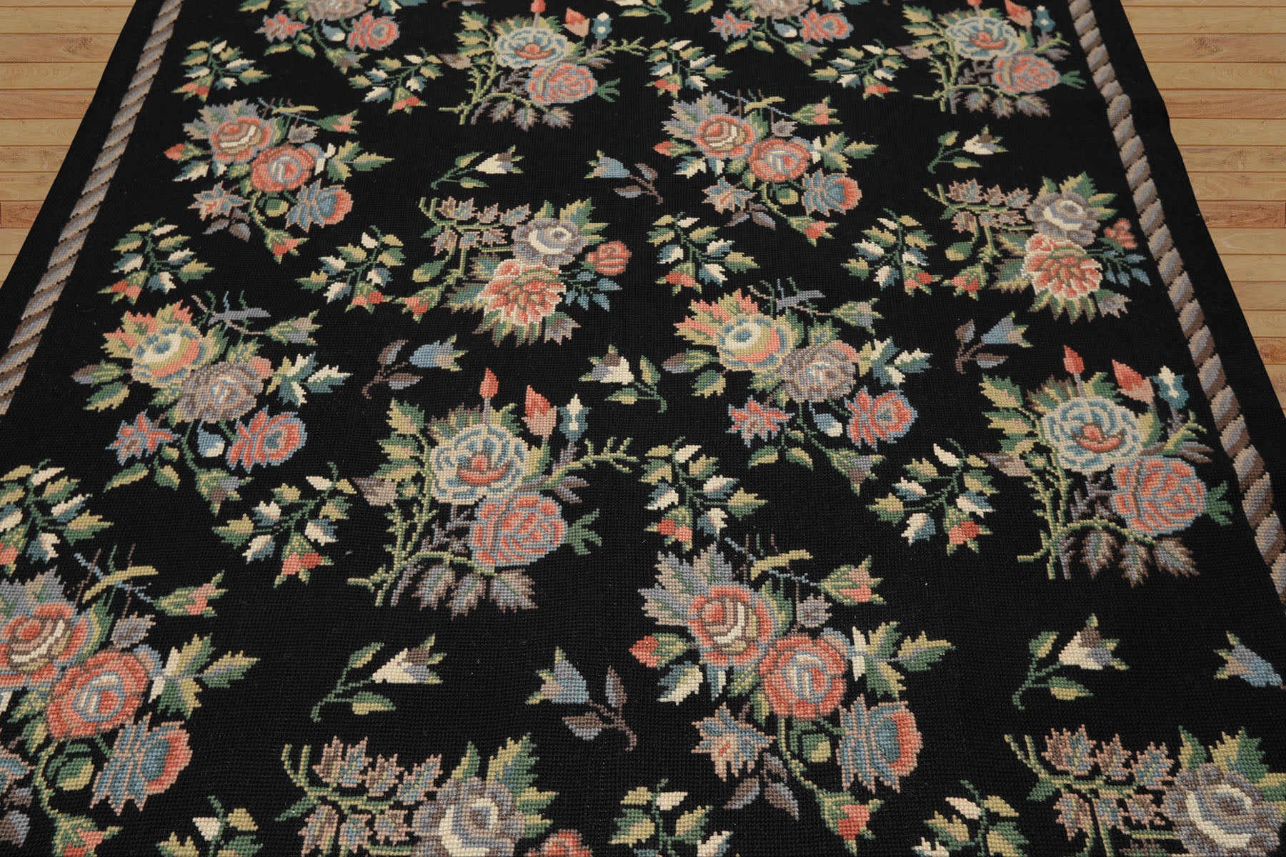 6x9 Charcoal, Mint, Rose Color Hand Woven Portugese Needlepoint Wool Traditional Oriental Rug