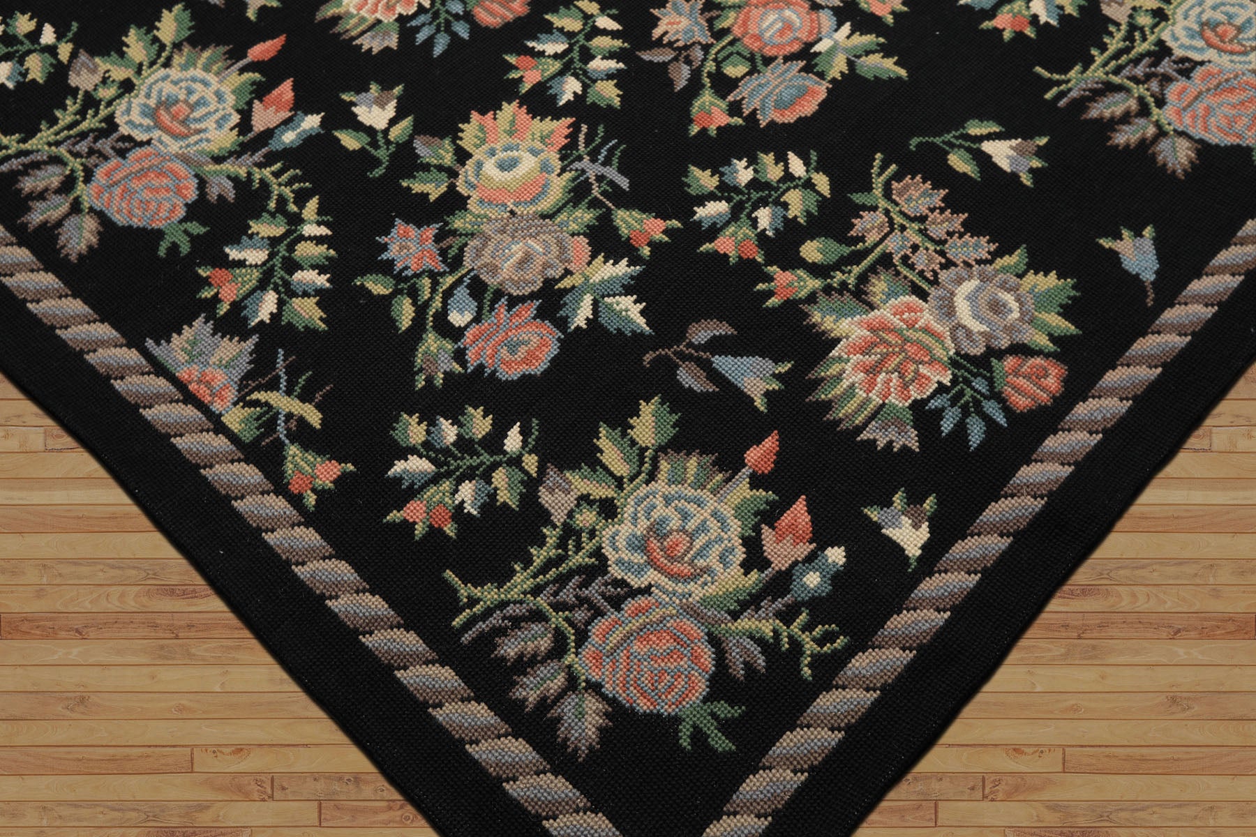 6x9 Charcoal, Mint, Rose Color Hand Woven Portugese Needlepoint Wool Traditional Oriental Rug