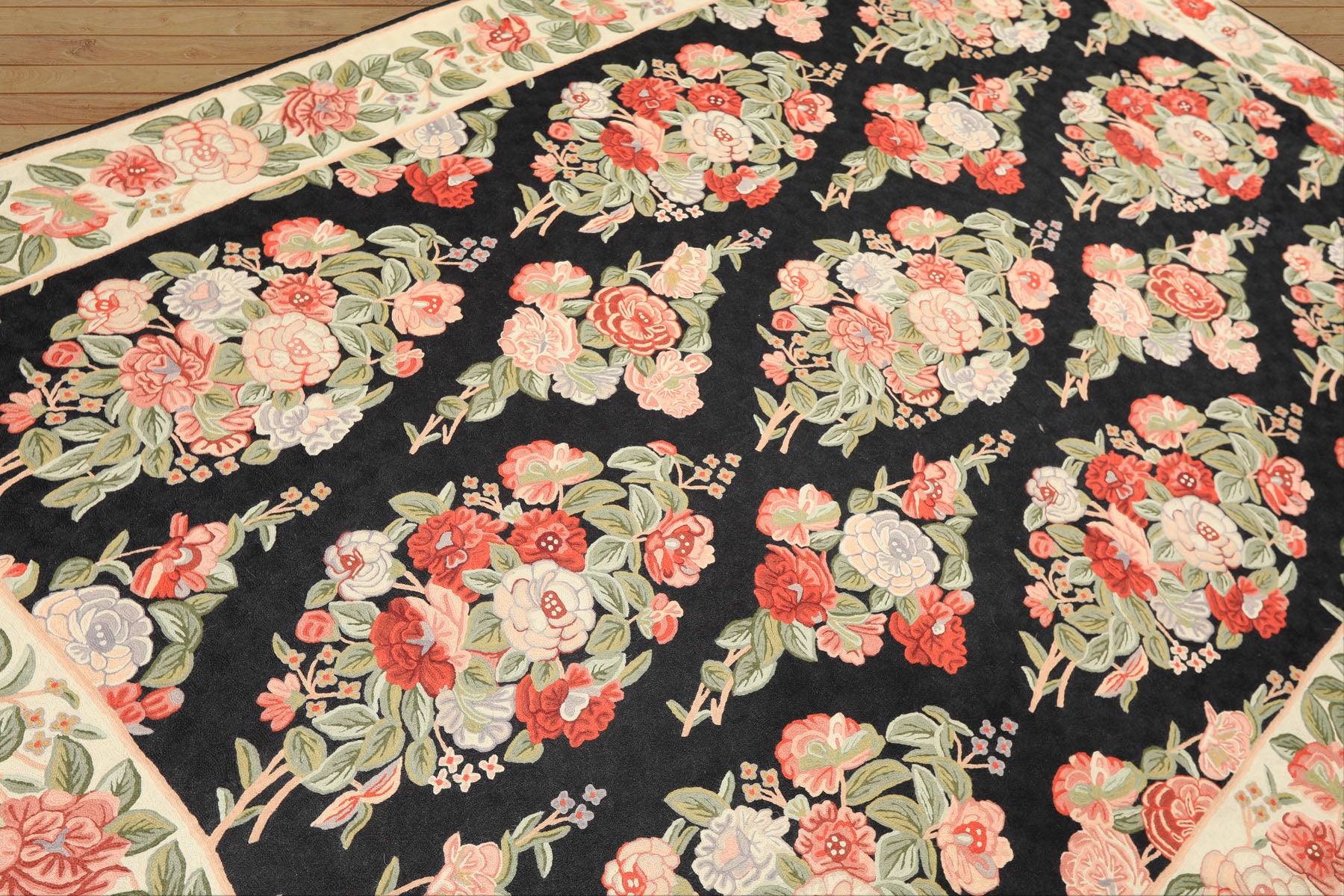 6x9 Charcoal, Sage, Ivory Color Hand Woven Chainstitch Needlepoint Wool Traditional Oriental Rug