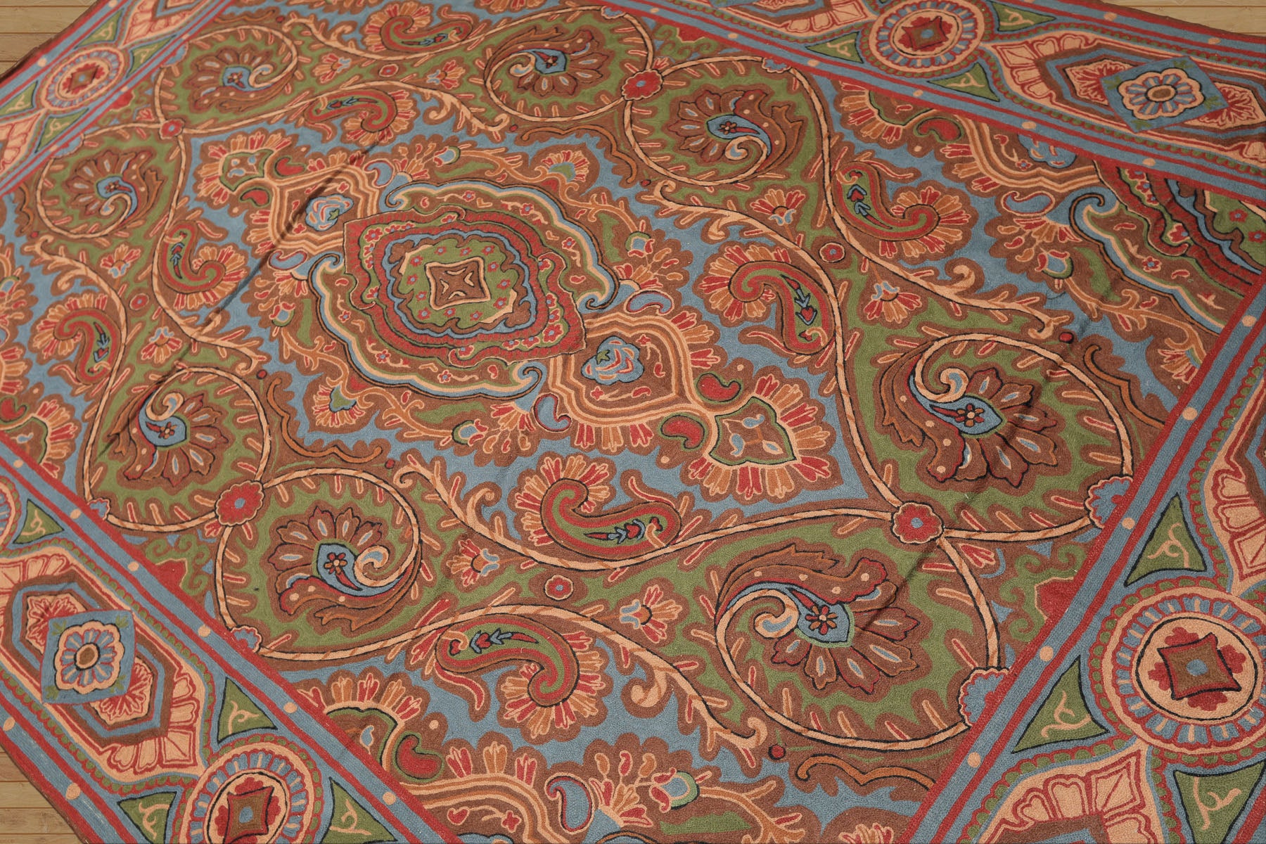 6x9 Green, Aqua, Bown Color Hand Woven Chainstitch Needlepoint Wool Traditional Oriental Rug