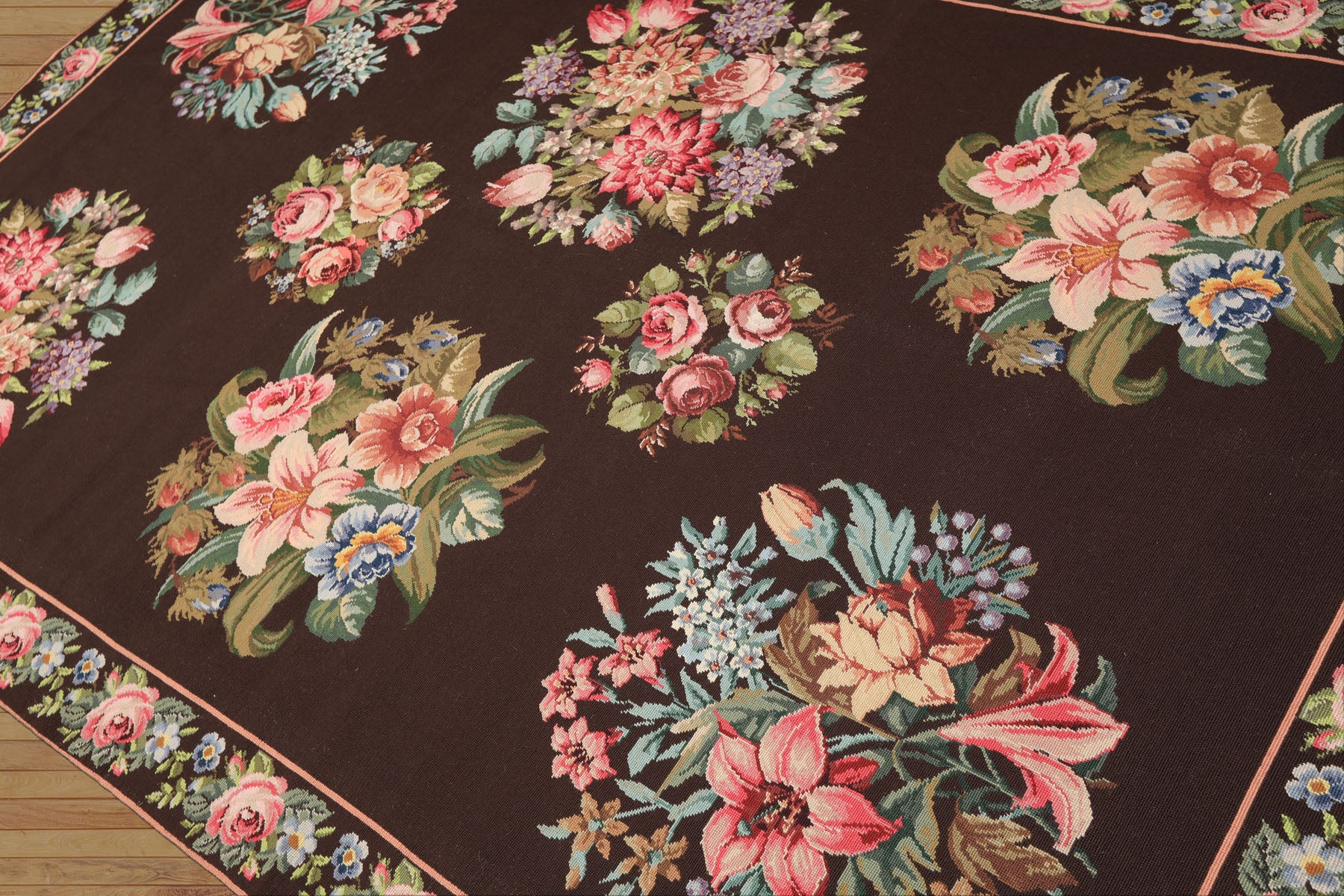 6x9 Chocolate, Pink, Green Color Hand Woven Aubusson Needlepoint Wool Traditional Oriental Rug