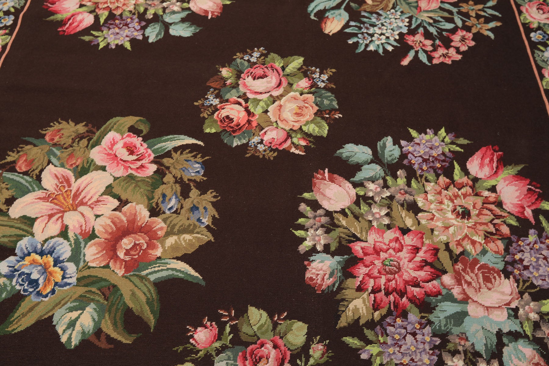 6x9 Chocolate, Pink, Green Color Hand Woven Aubusson Needlepoint Wool Traditional Oriental Rug