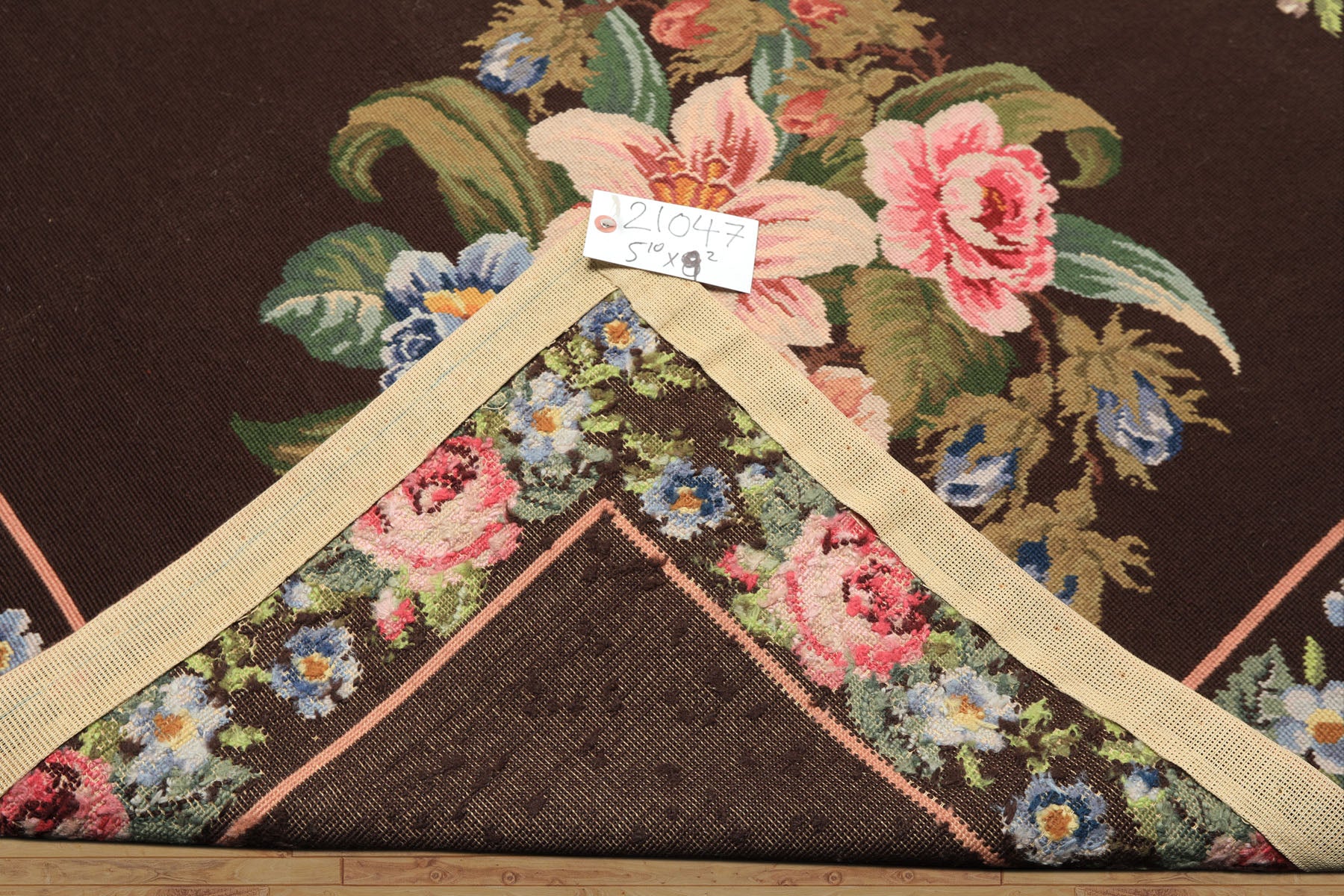 6x9 Chocolate, Pink, Green Color Hand Woven Aubusson Needlepoint Wool Traditional Oriental Rug
