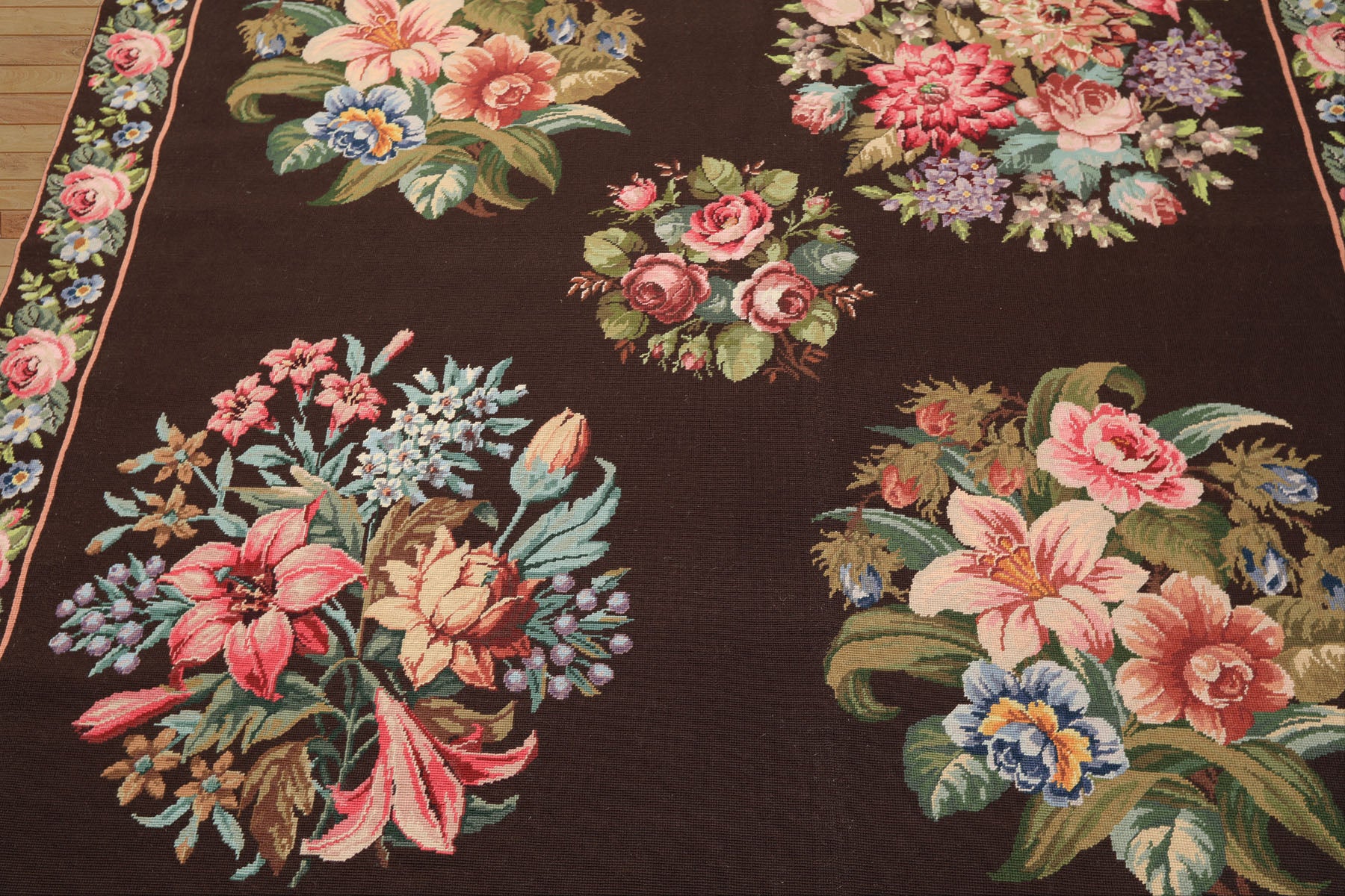 6x9 Chocolate, Pink, Green Color Hand Woven Aubusson Needlepoint Wool Traditional Oriental Rug