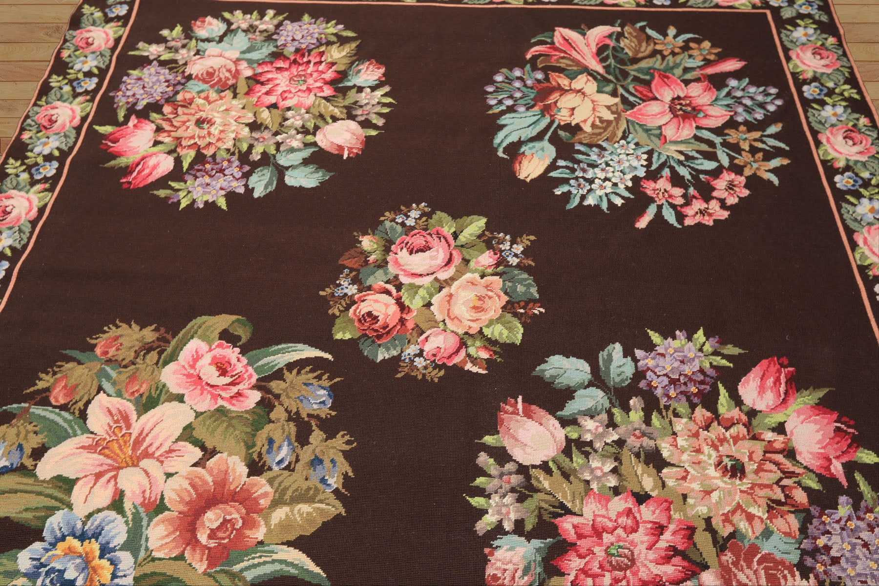 6x9 Chocolate, Pink, Green Color Hand Woven Aubusson Needlepoint Wool Traditional Oriental Rug